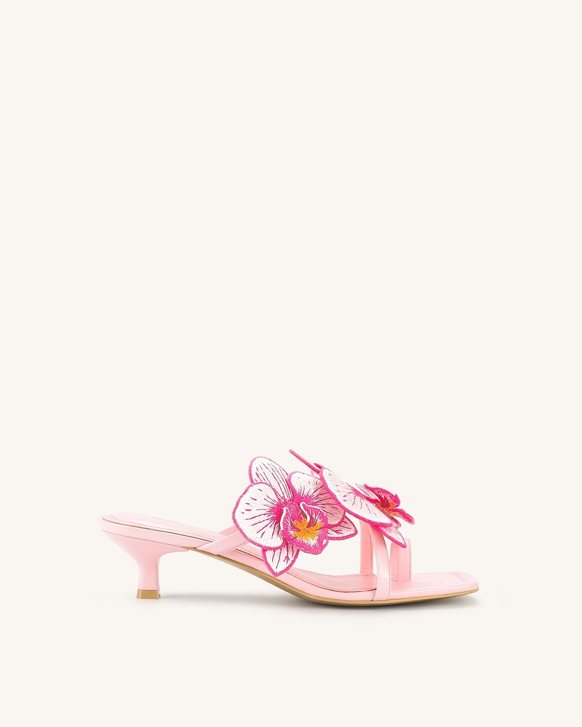 Serena Sandales à talons avec bague d'orteil et broderie d'orchidée - Rose bébé