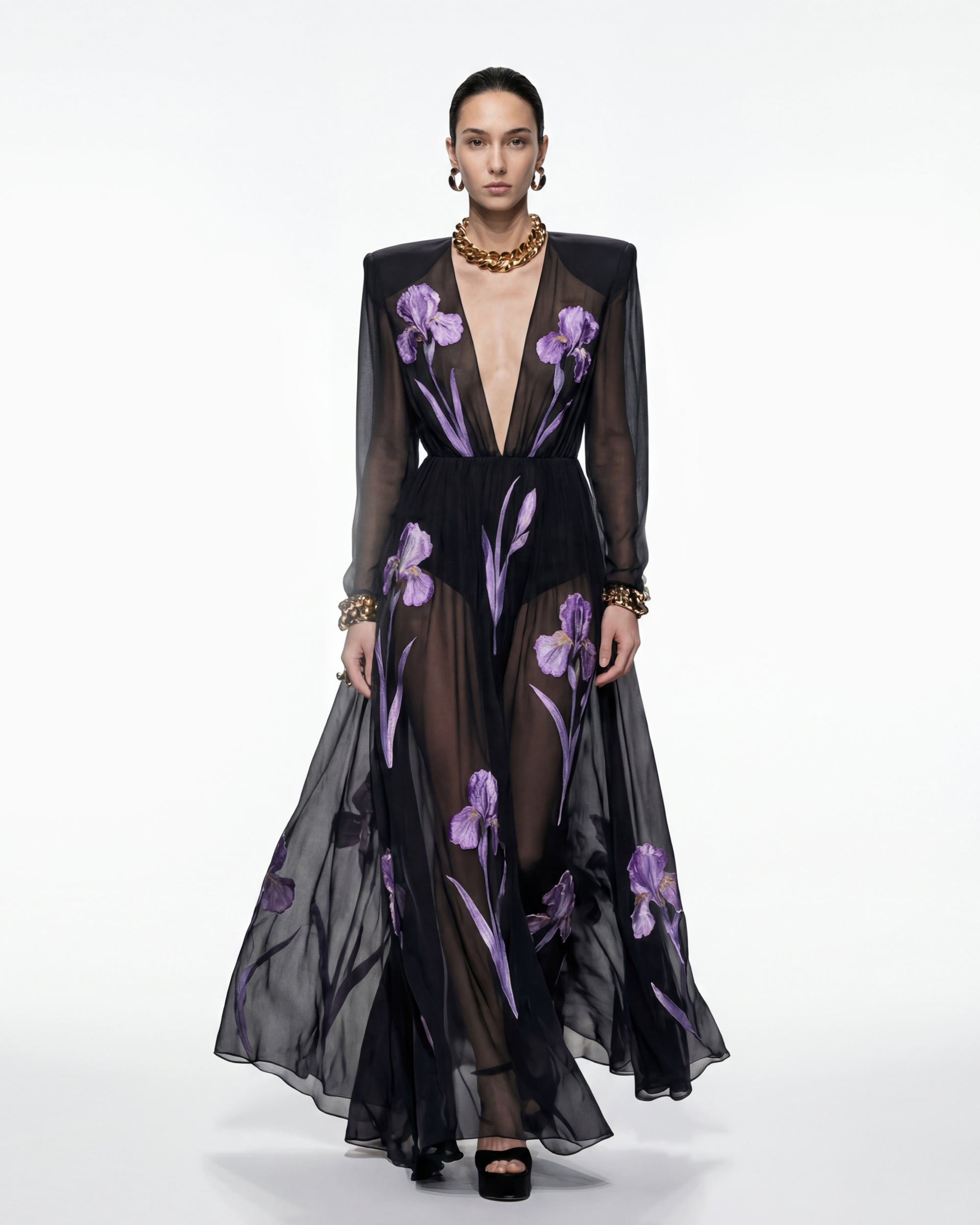 Robe longue transparente à manches longues et imprimé floral Iris - Noir/Violet