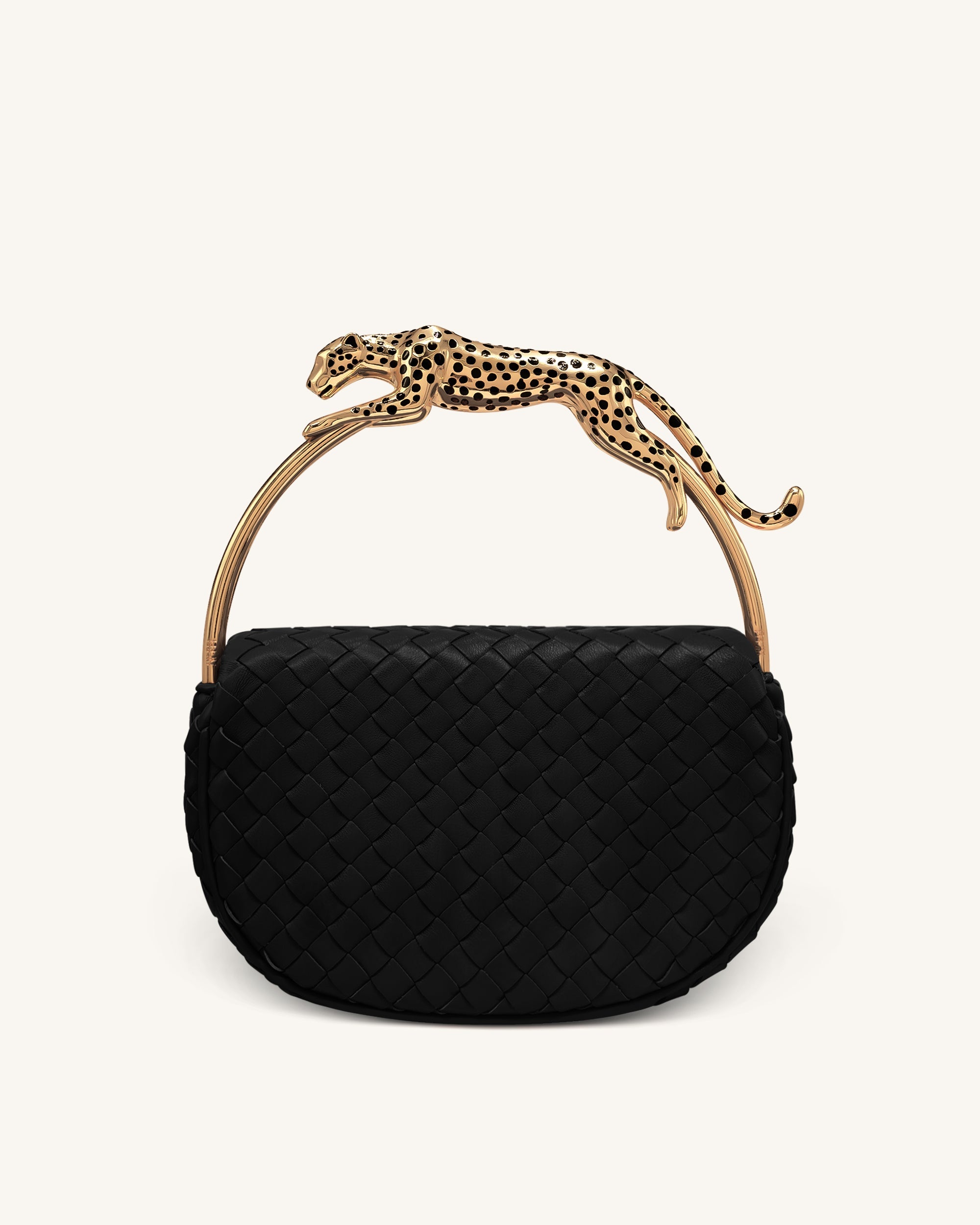 Ione Sac à poignée supérieure tissé avec anse en métal en forme de léopard - Noir