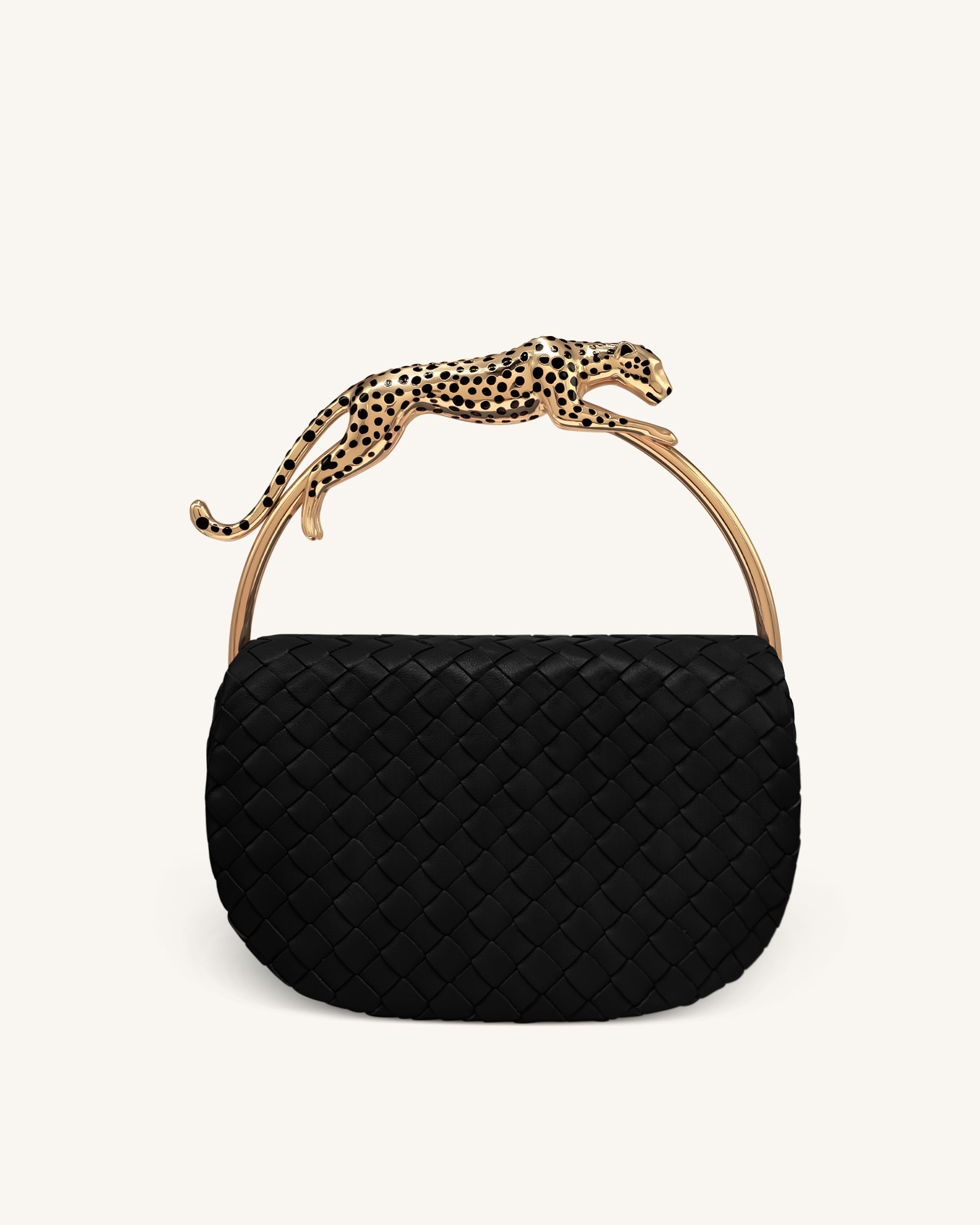 Ione Sac à poignée supérieure tissé avec anse en métal en forme de léopard - Noir