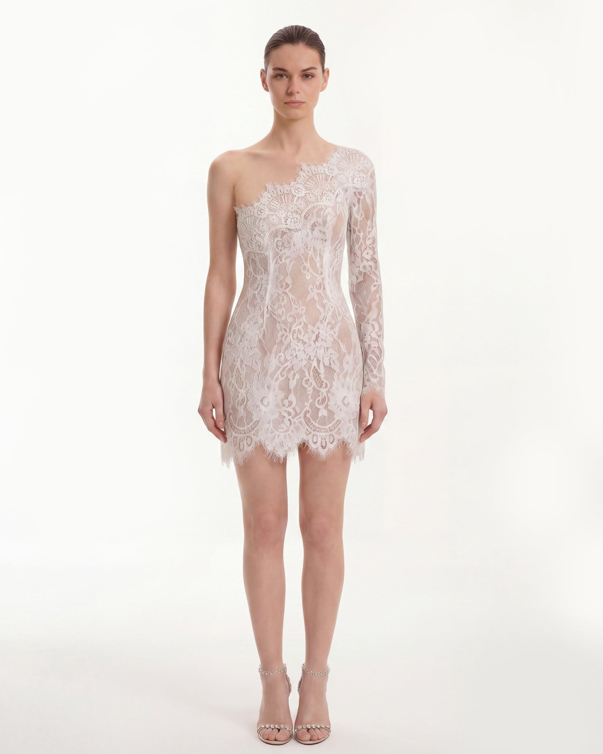 Mini-robe en dentelle à une épaule - Blanc