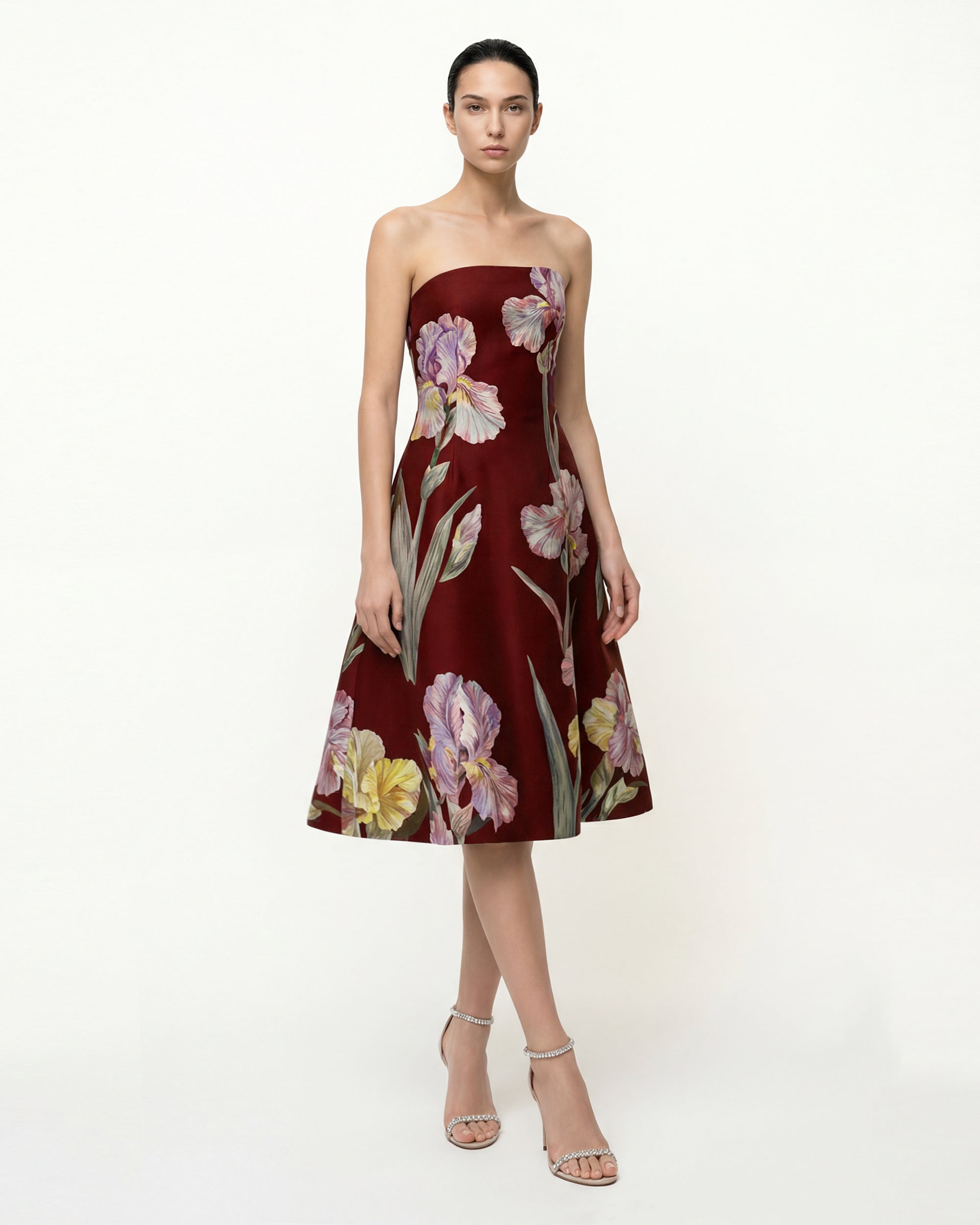 Robe trapèze bustier à imprimé floral Iris - Bordeaux
