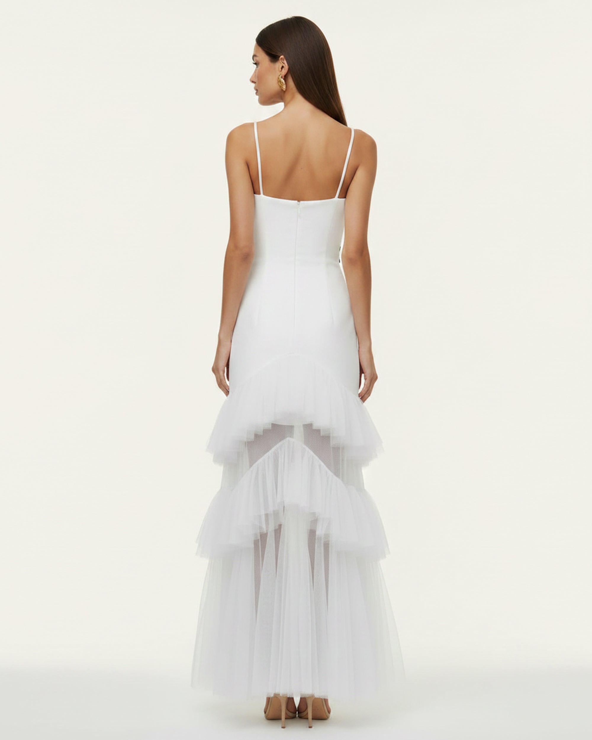 Robe longue bustier en tulle à volants brodée d'orchidées - Blanc