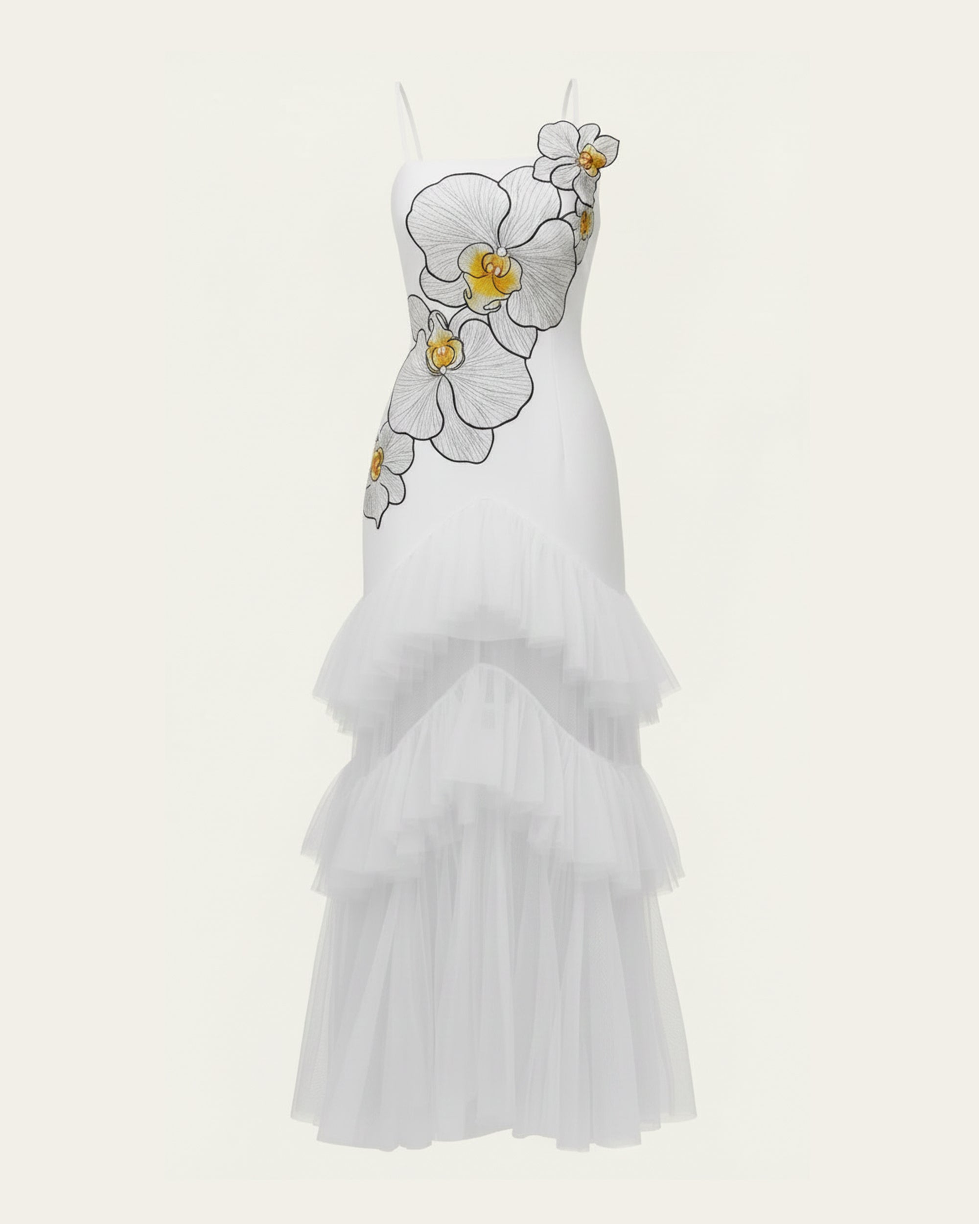 Robe longue bustier en tulle à volants brodée d'orchidées - Blanc