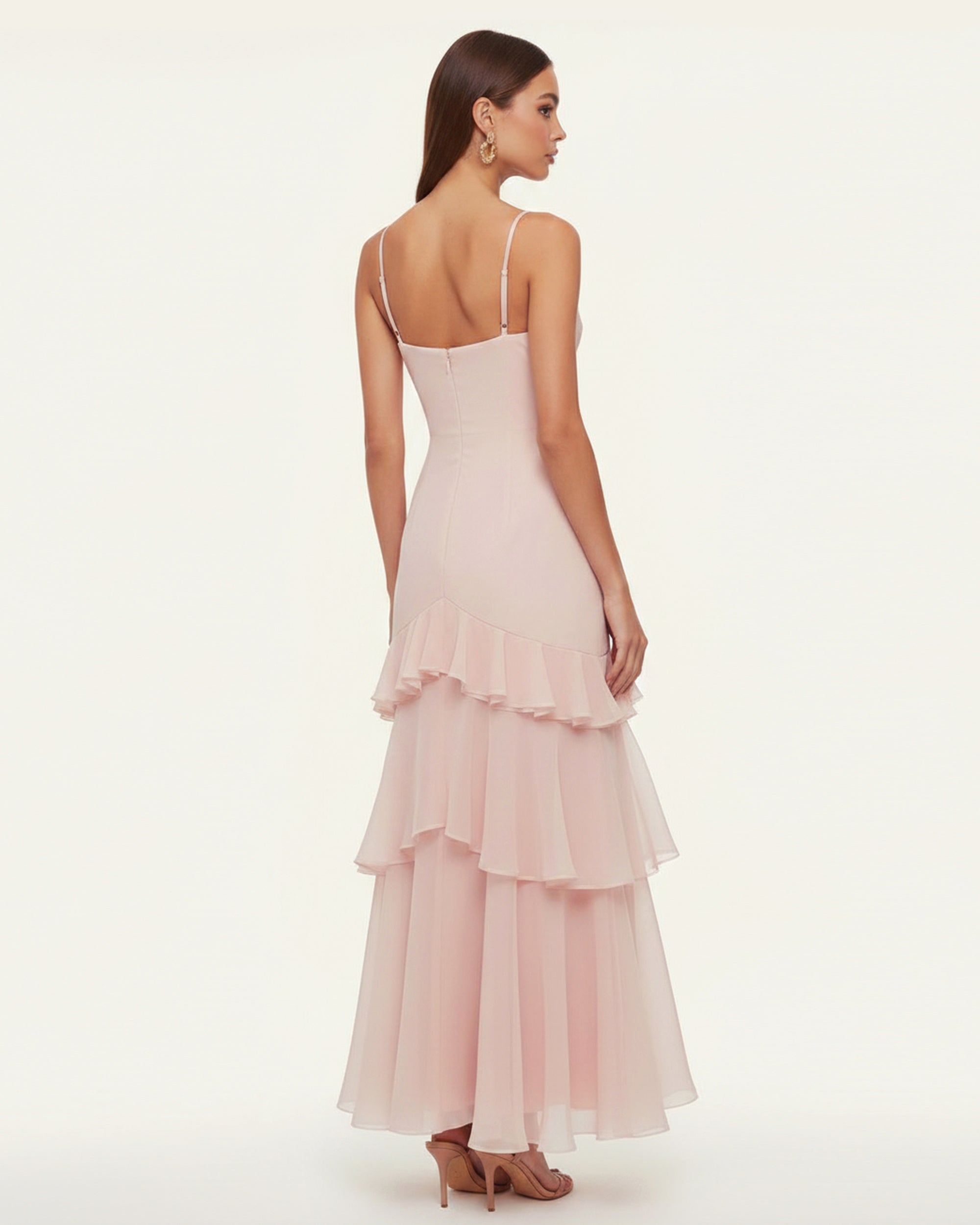Robe longue asymétrique à volants brodée d'orchidées - Rose poudré