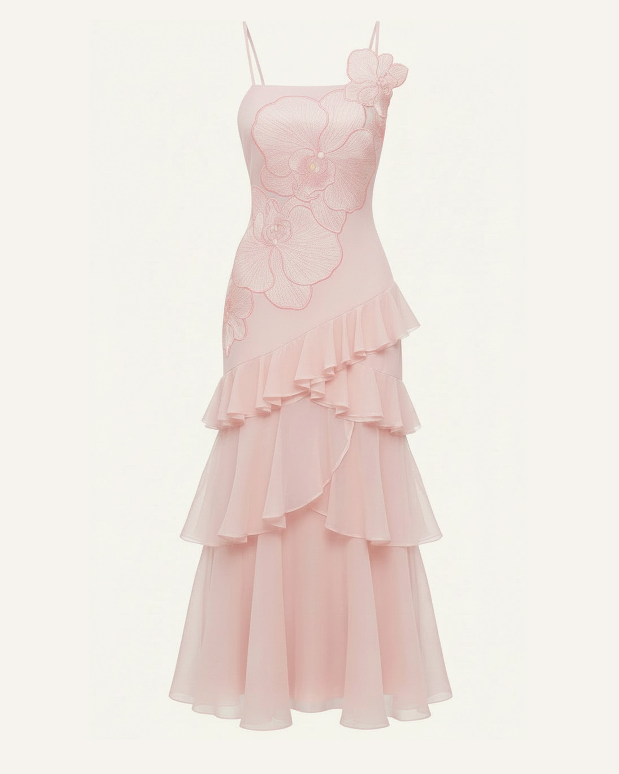 Robe longue asymétrique à volants brodée d'orchidées - Rose poudré