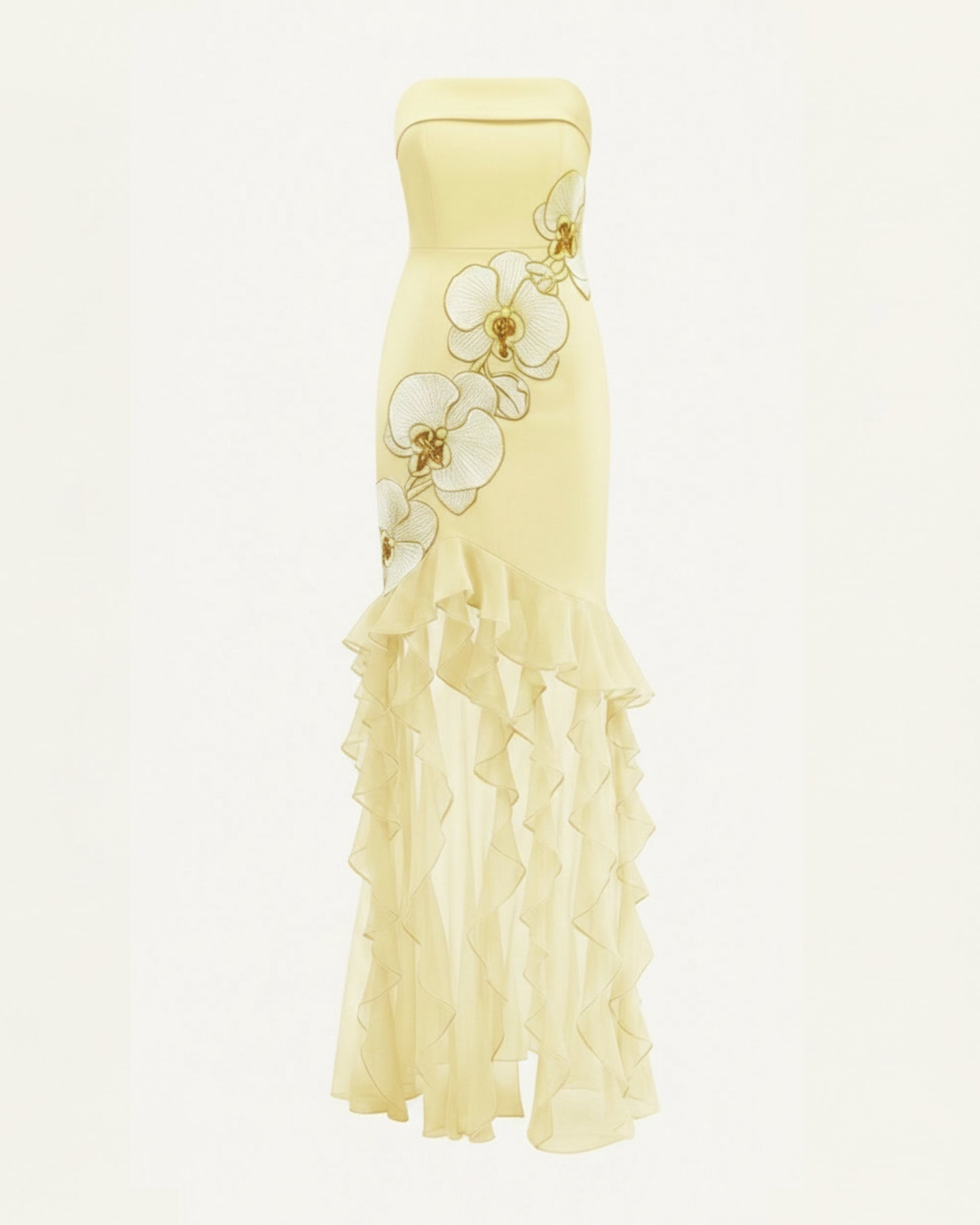 Robe longue bustier à volants brodée d'orchidées - Jaune pâle