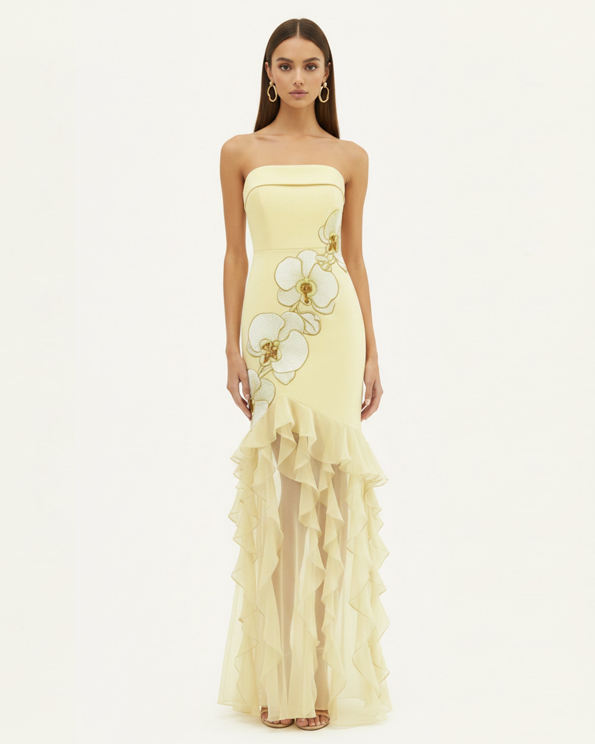 Robe longue bustier à volants brodée d'orchidées - Jaune pâle
