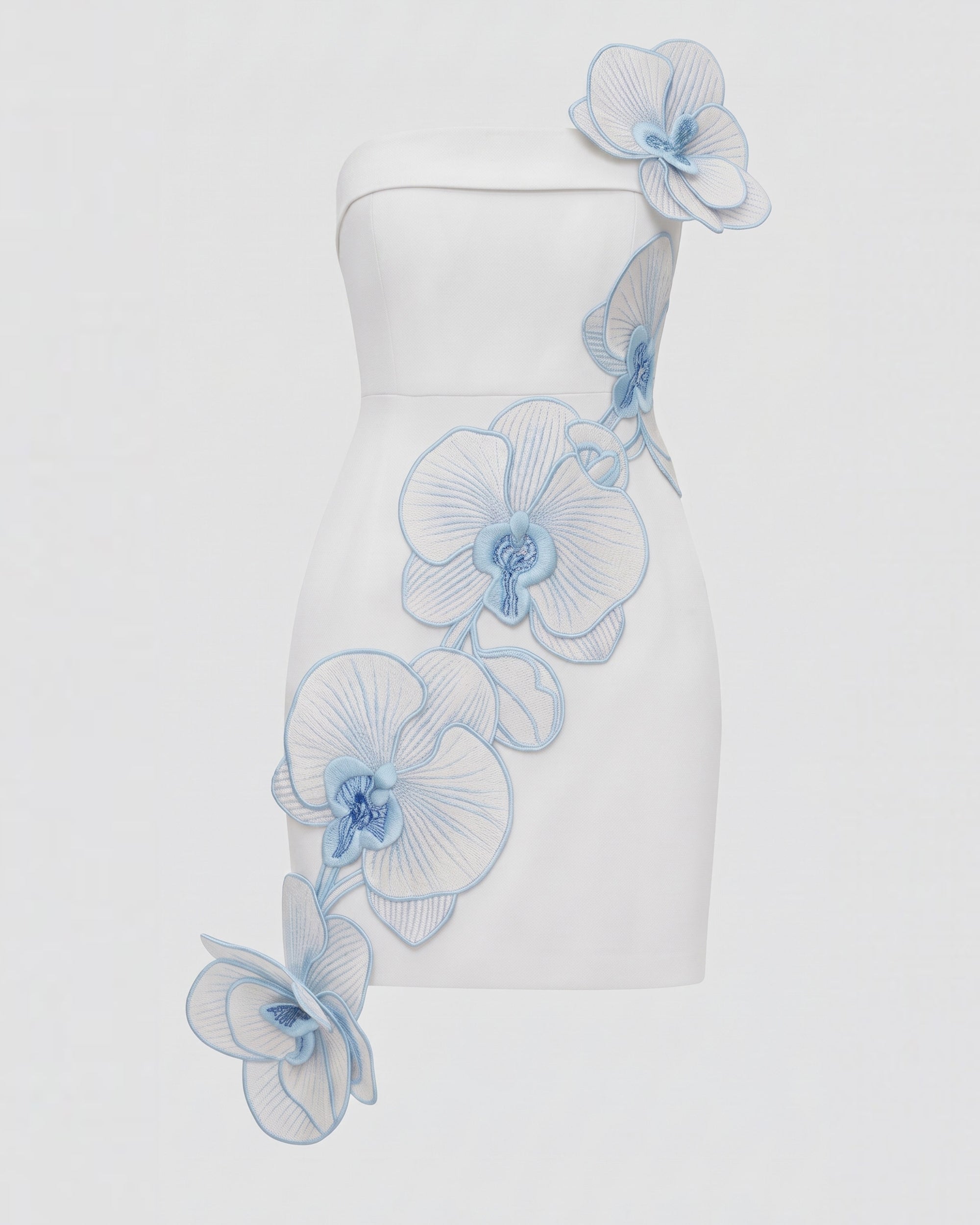 Orchid Mini Robe Bandeau Appliqués Floraux Broderie - Blanc Bleu