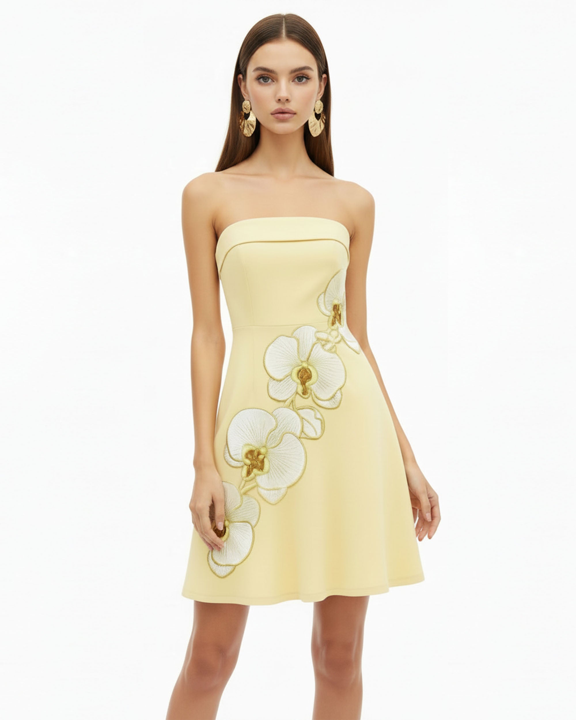 Orchid Robe Midi Patineuse Bandeau Broderie - Jaune Pâle