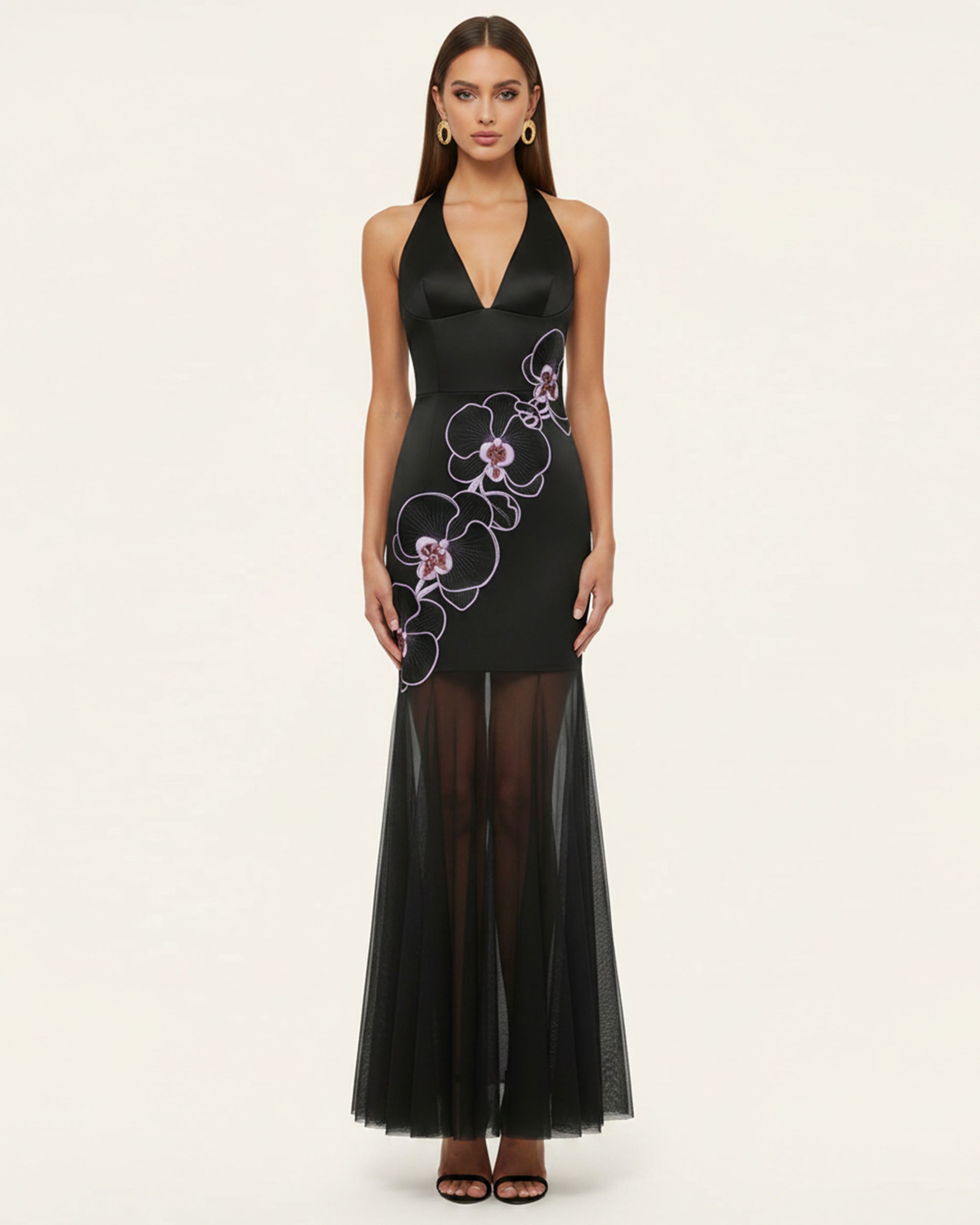 Orchid Robe Longue Plissée Broderie Bords Effilochés Dos Nu - Noir Violet
