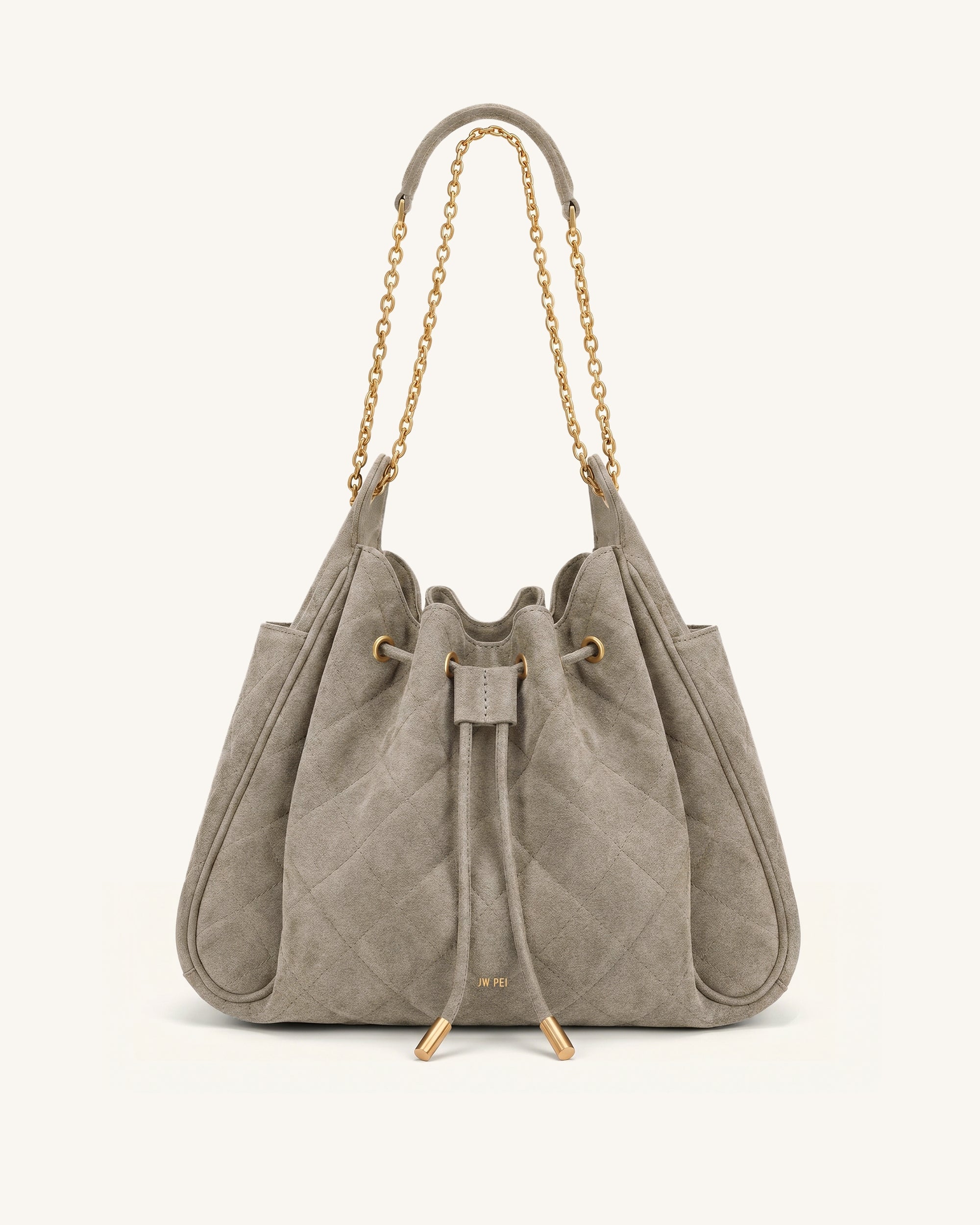 Rowan Sac seau matelassé à chaîne en faux suède - Gris