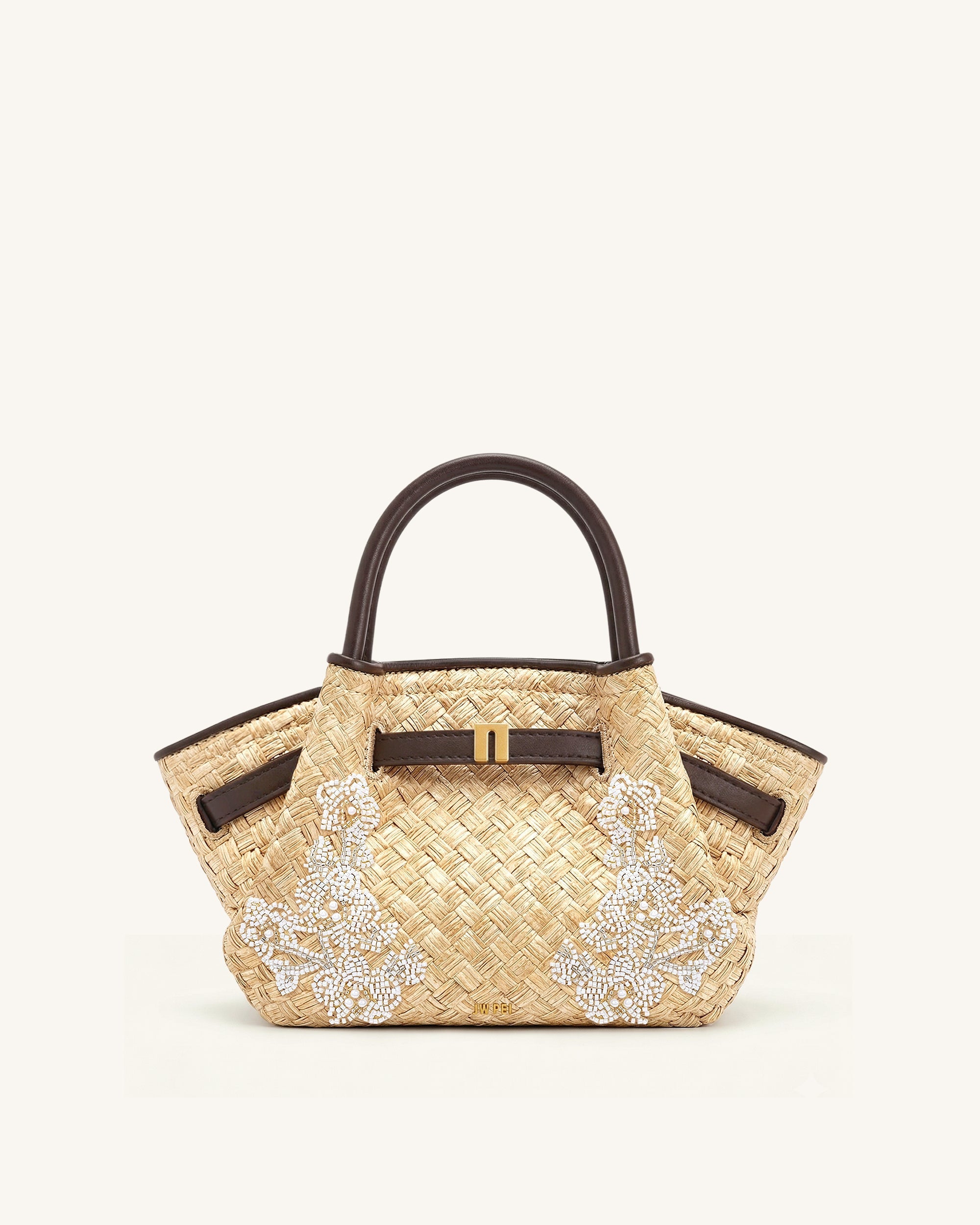 Mini sac cabas en fausse paille orné de perles Hana - Marron