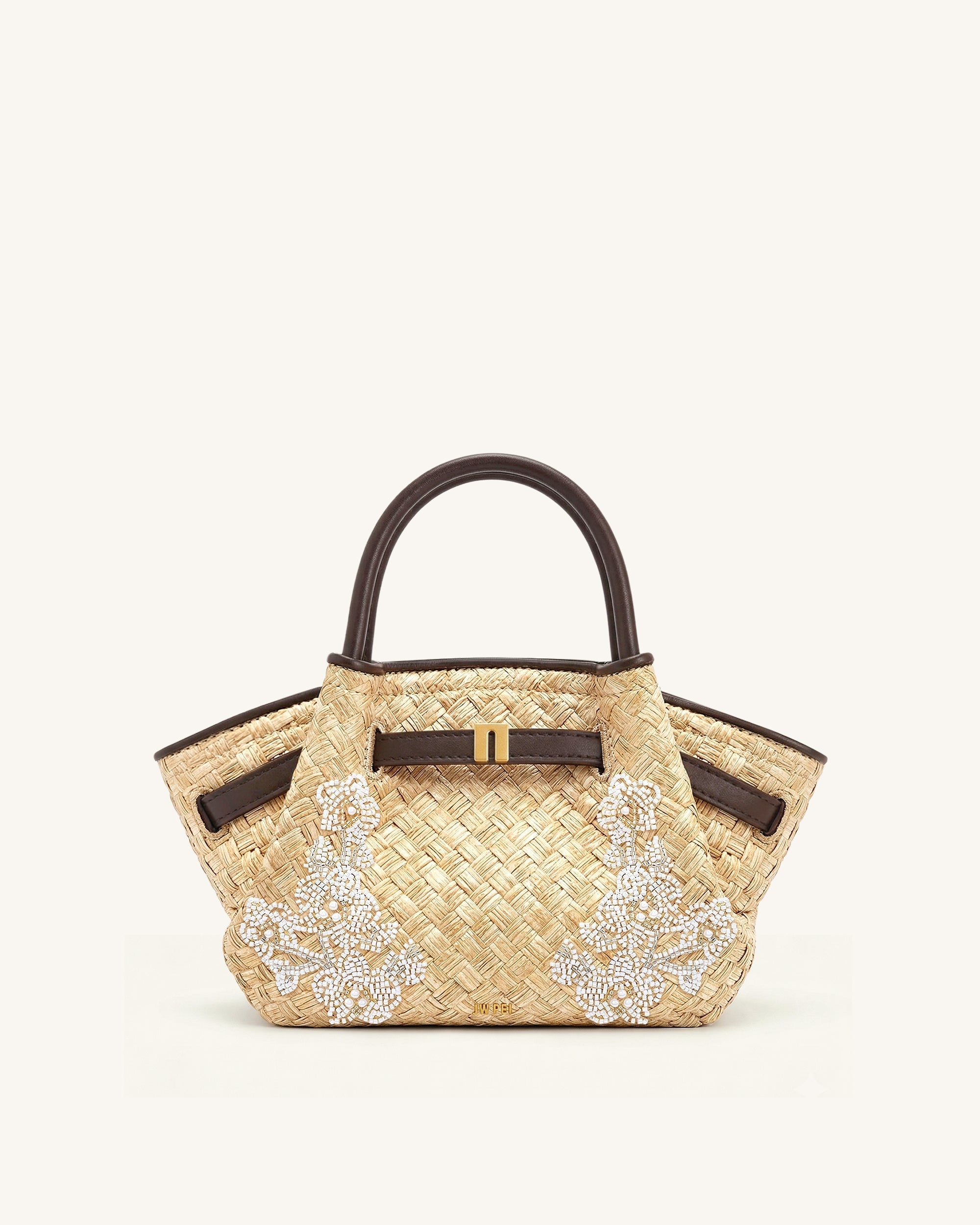 Mini sac cabas en fausse paille orné de perles Hana - Marron