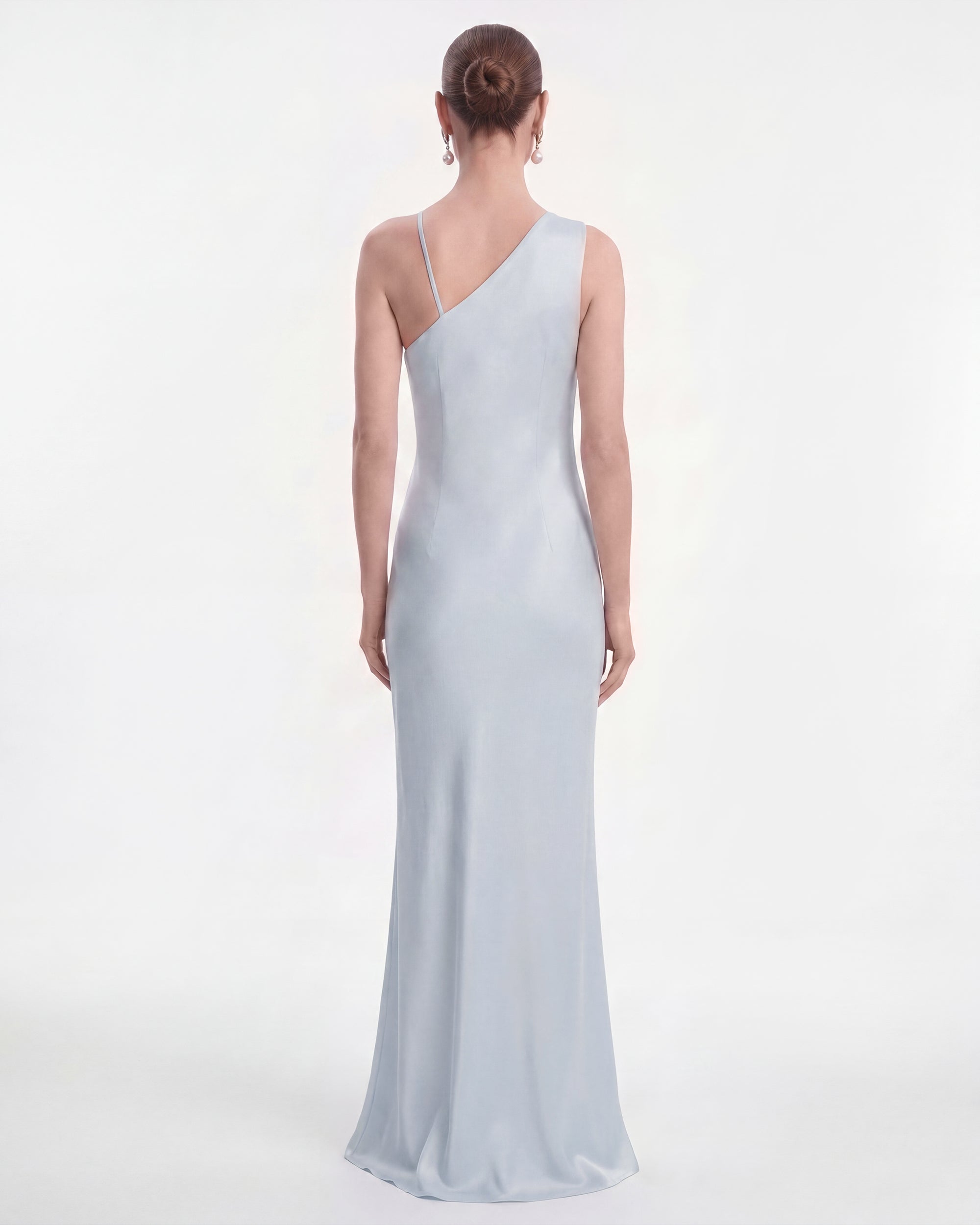 Robe longue à une épaule avec appliqués floraux - Bleu clair