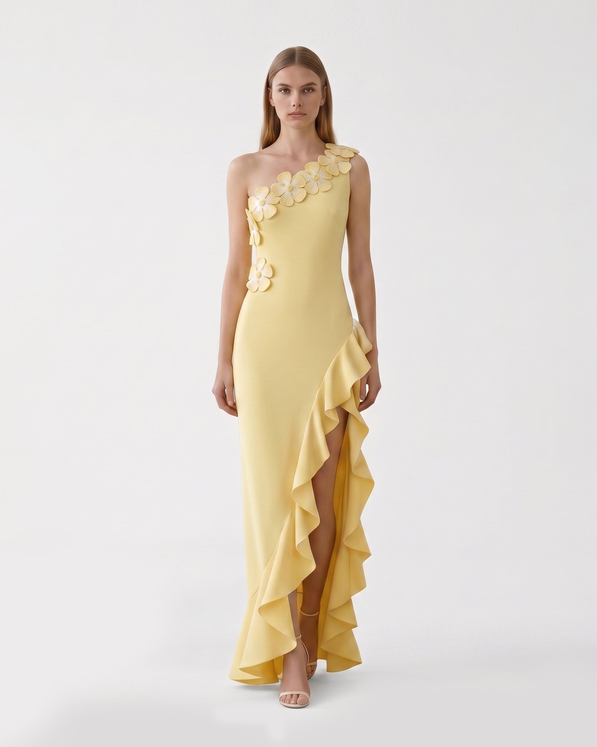 Robe fendue à volants et une épaule avec appliqués floraux - Jaune