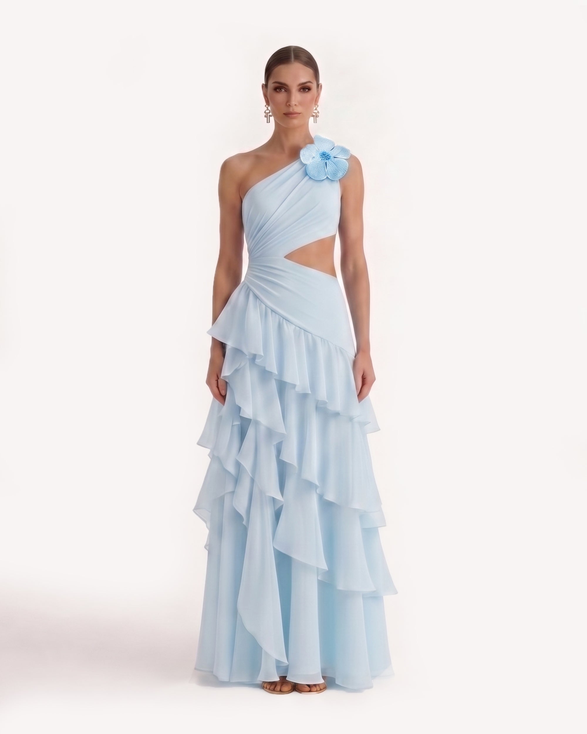 Robe longue en mousseline à volants et découpes à une épaule - Bleu