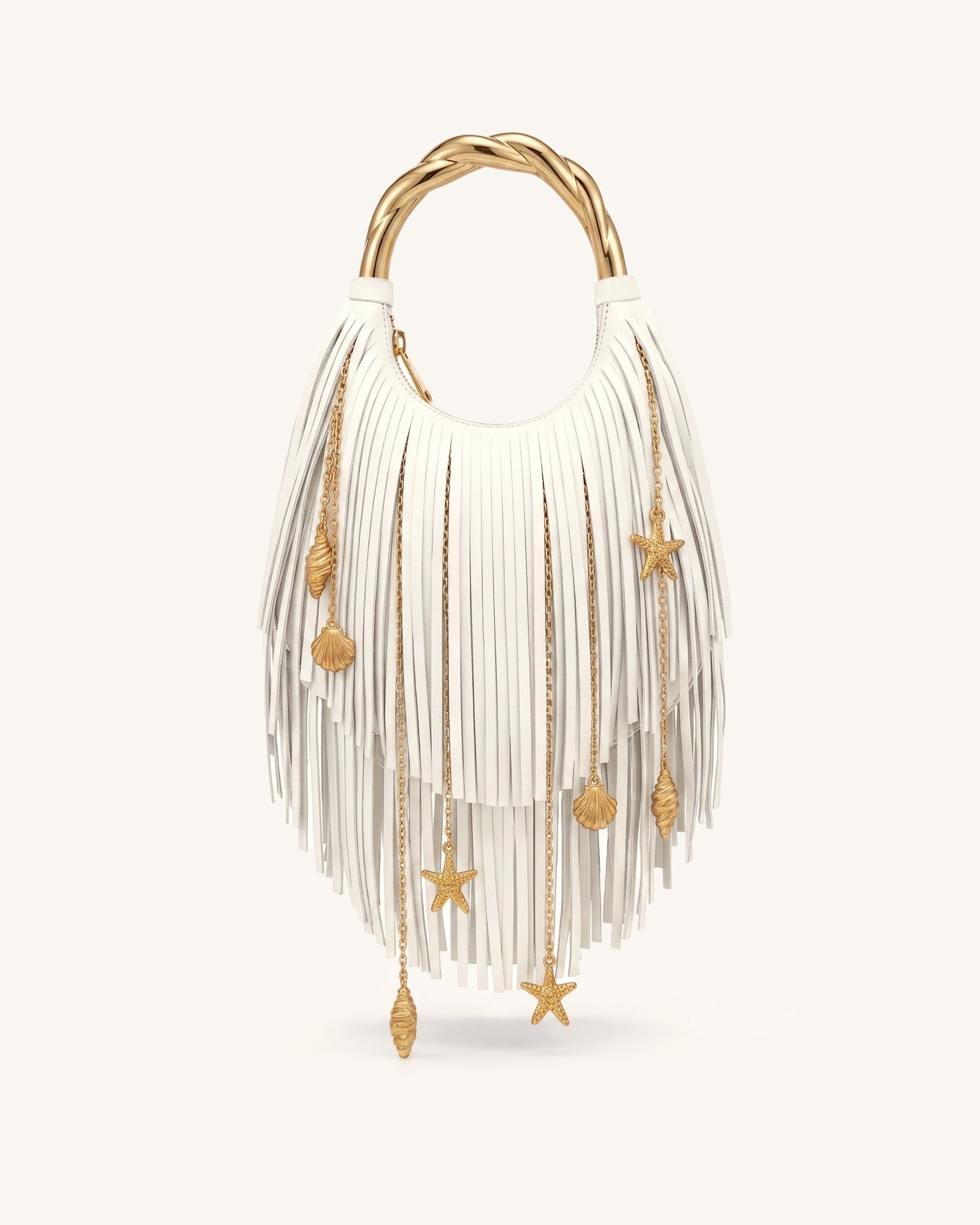 Chloe Sac à main à poignée en métal et franges - Blanc cassé