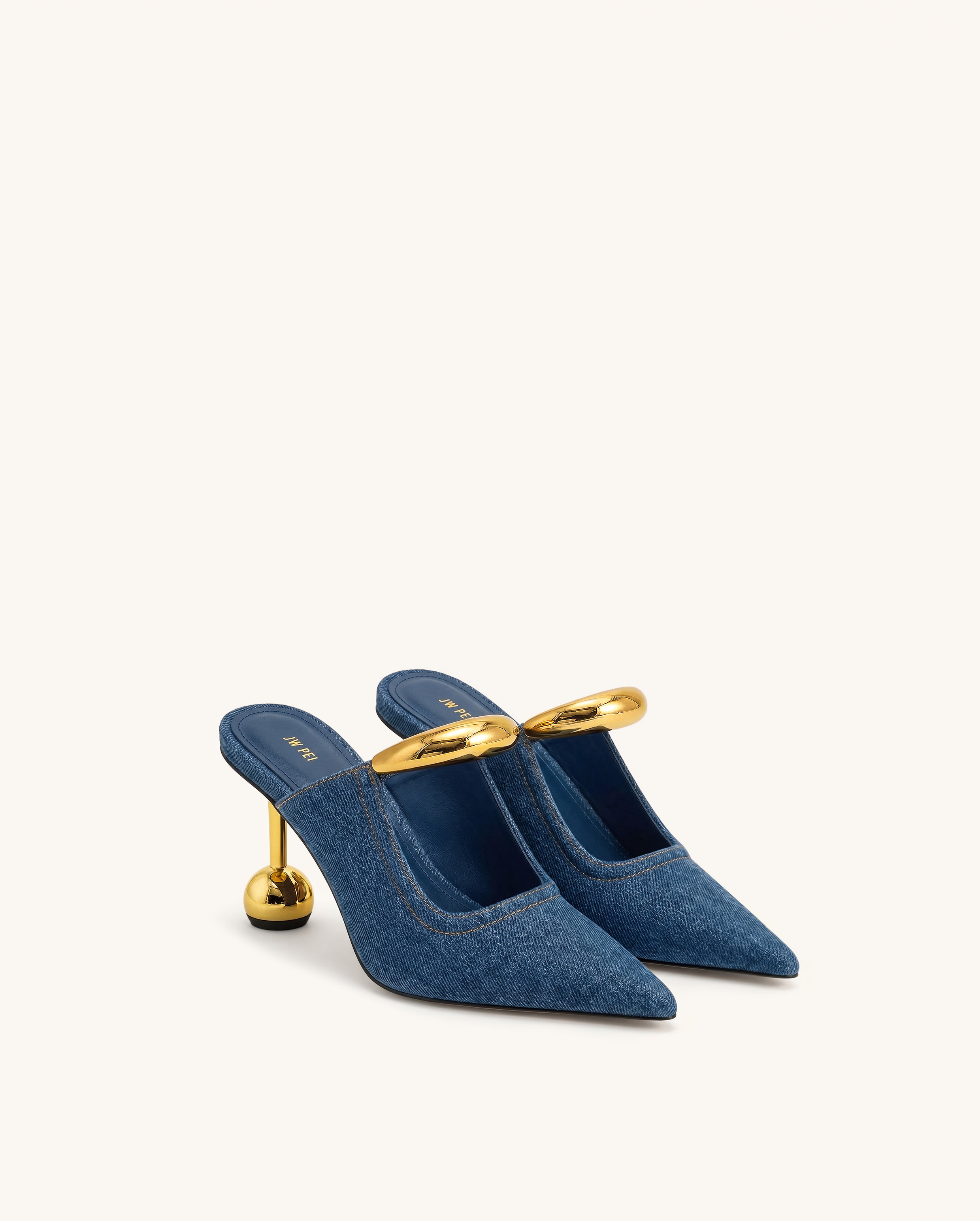 Sofia Mules à talon sphérique avec détail en métal - Bleu jean