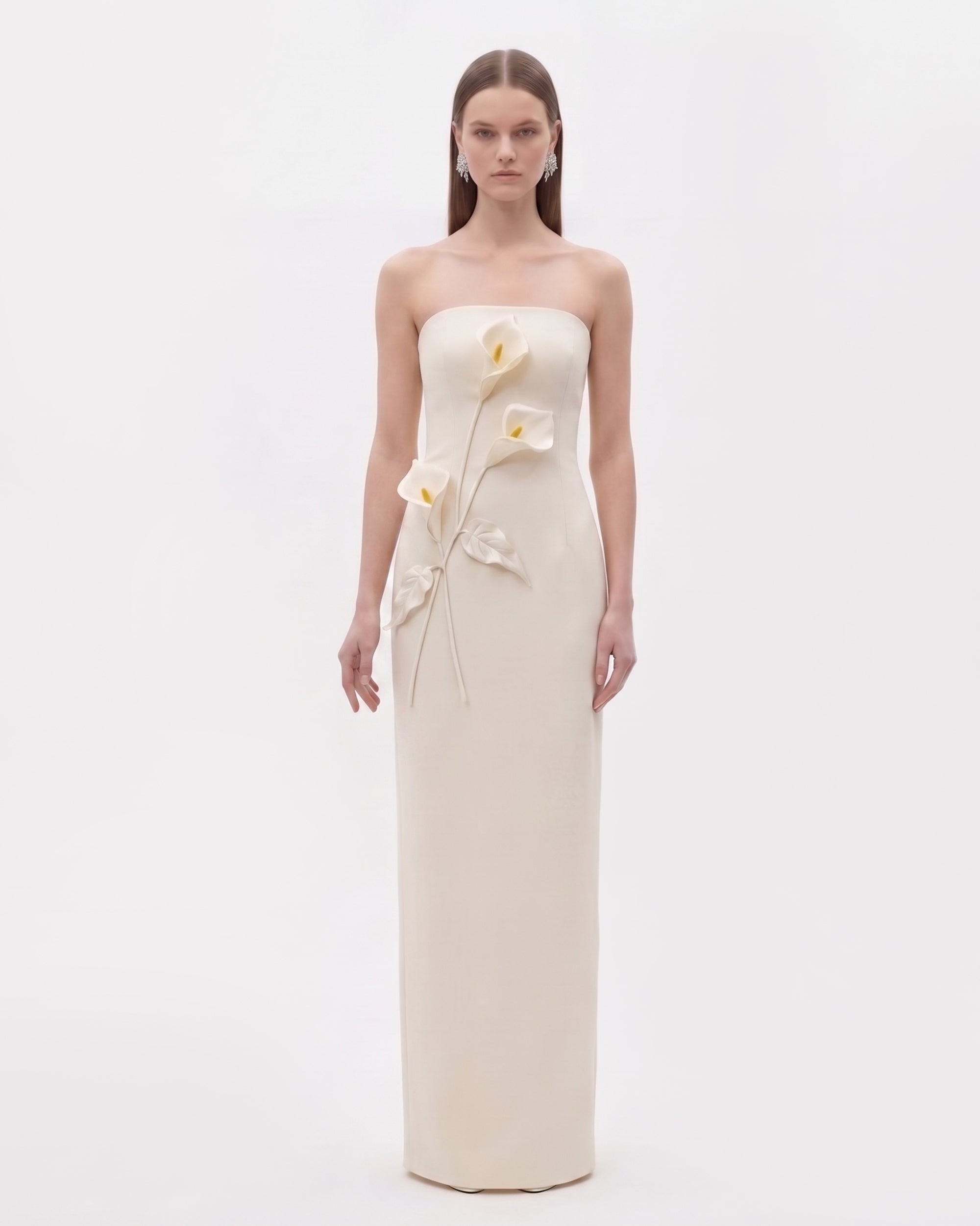 Robe bustier à appliqués floraux - Ivoire crème