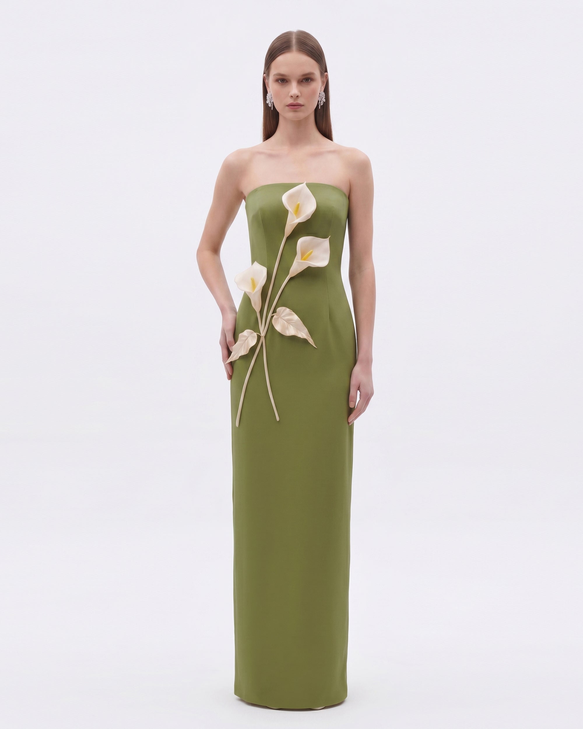 Robe bustier à appliqués floraux - Vert olive