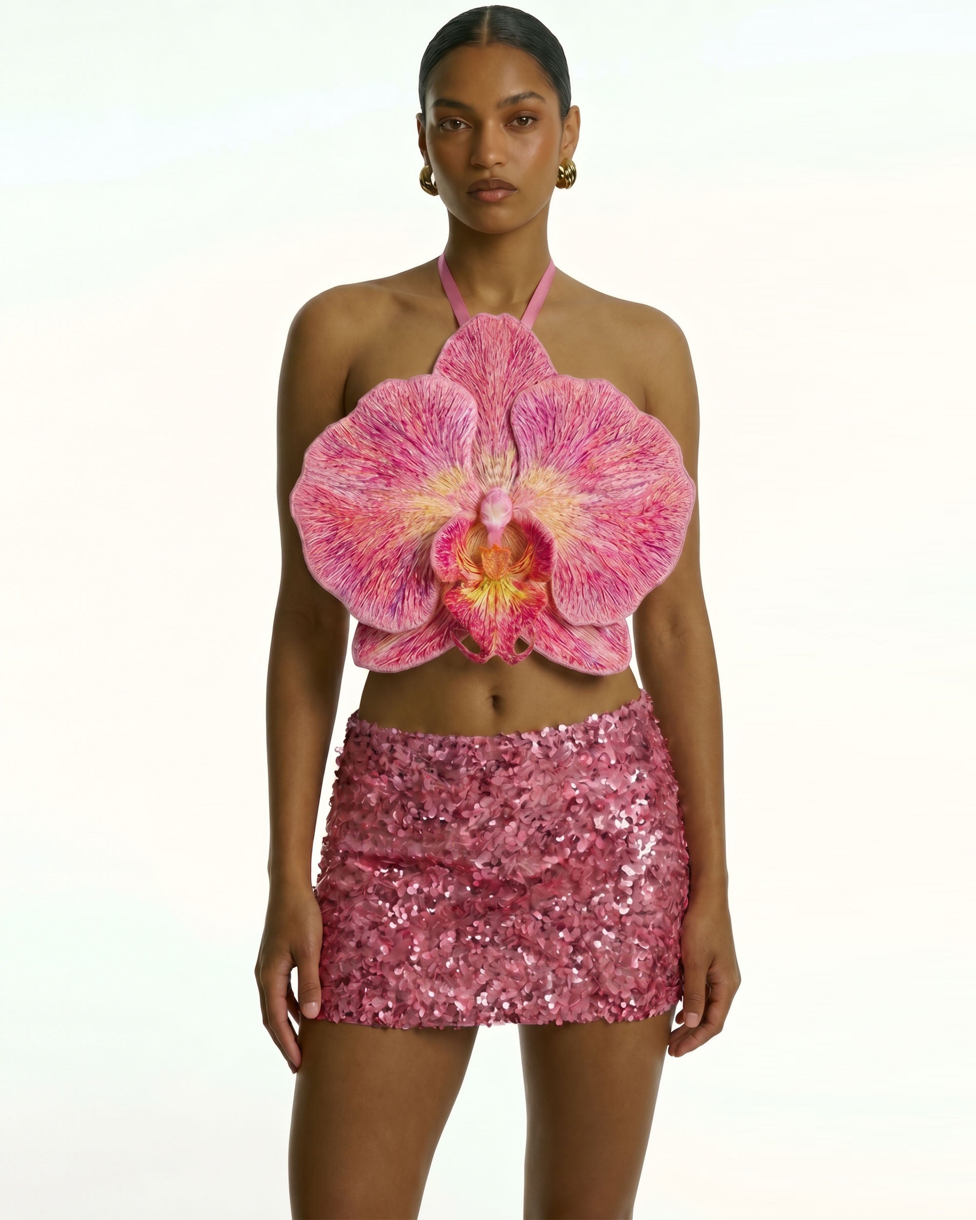 Haut court dos nu à orchidée 3D - Rose