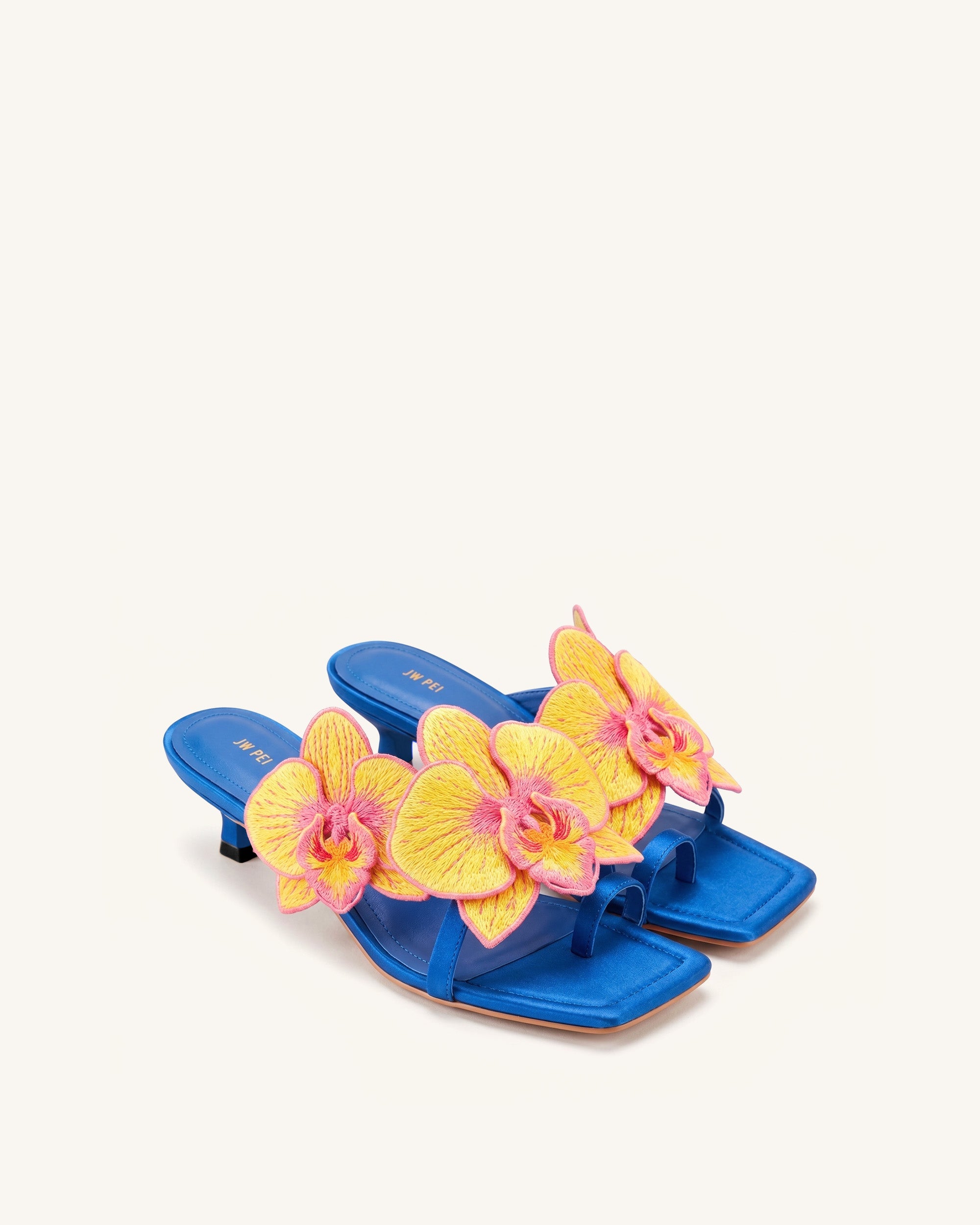 Serena Sandales à talons avec bague d'orteil et broderie d'orchidée - Bleu royal