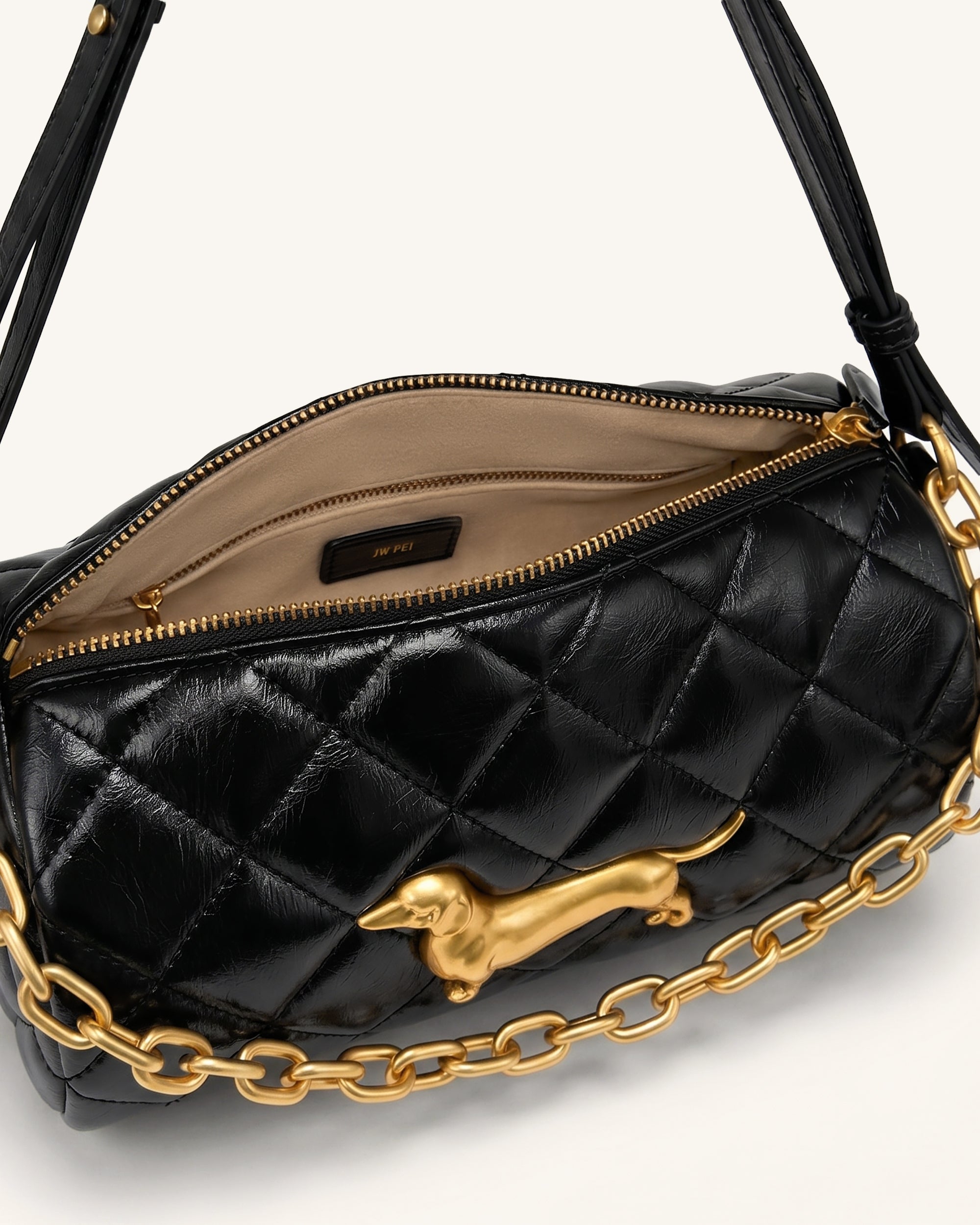 Sac porté épaule matelassé à chaîne Dachshund - Noir