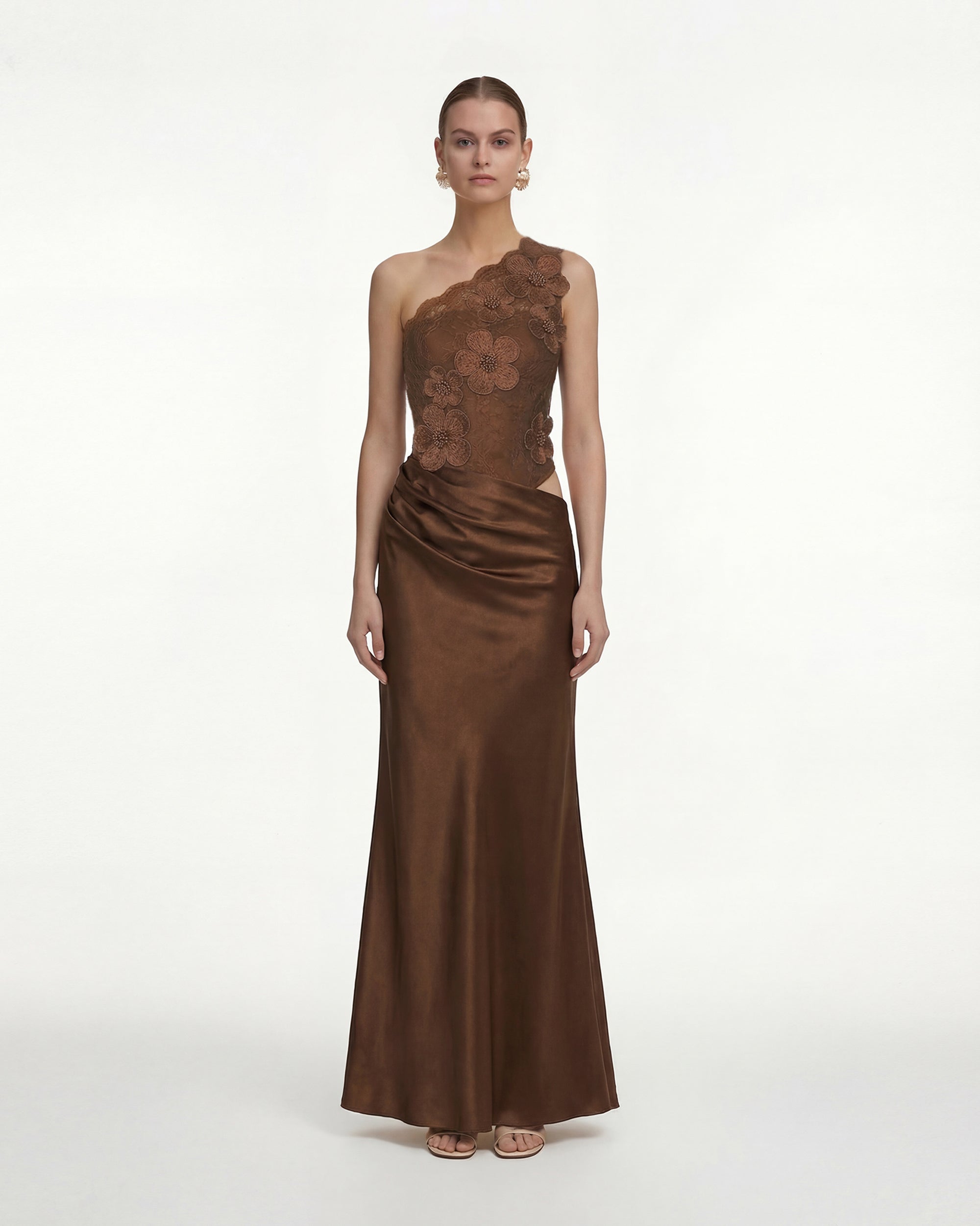 Robe en satin fleurie à une épaule - Marron