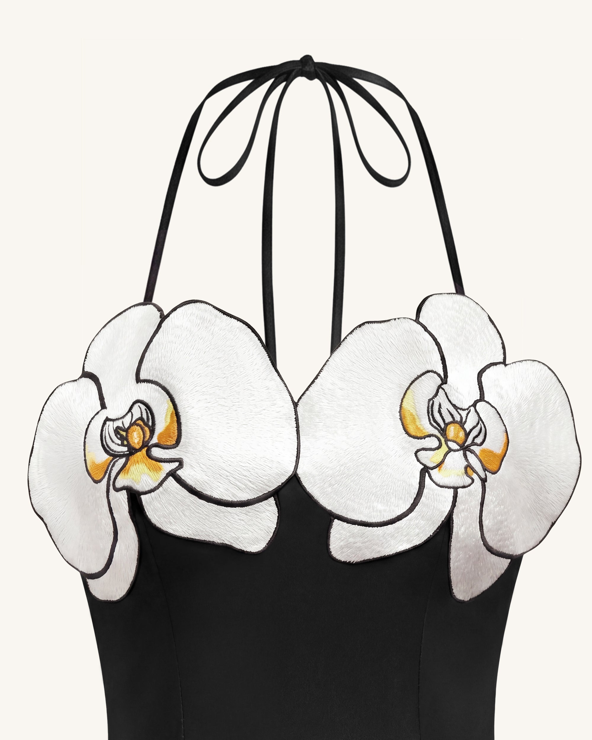 Robe midi asymétrique à broderies orchidées - Noir