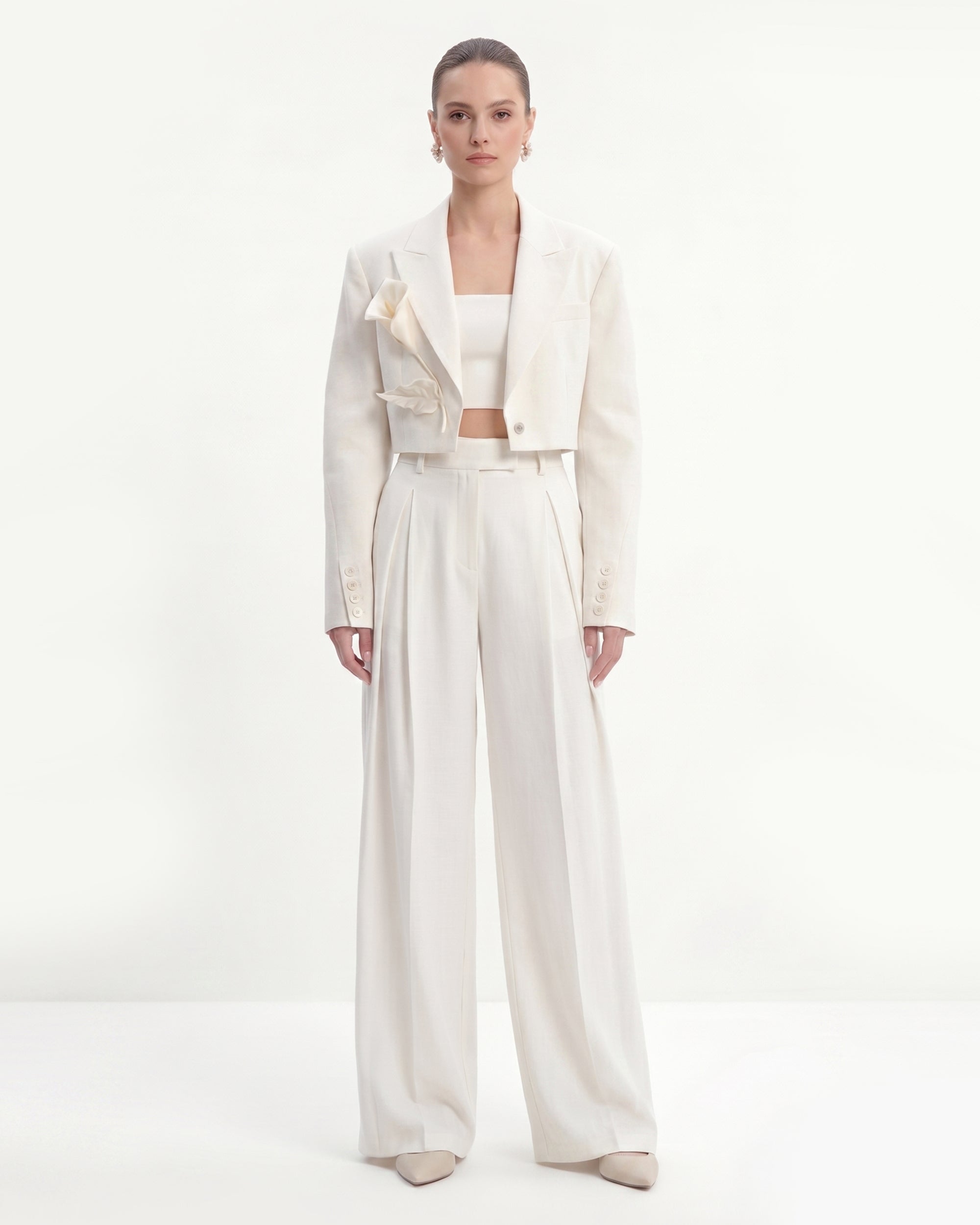 Blazer court à appliqués floraux - Blanc