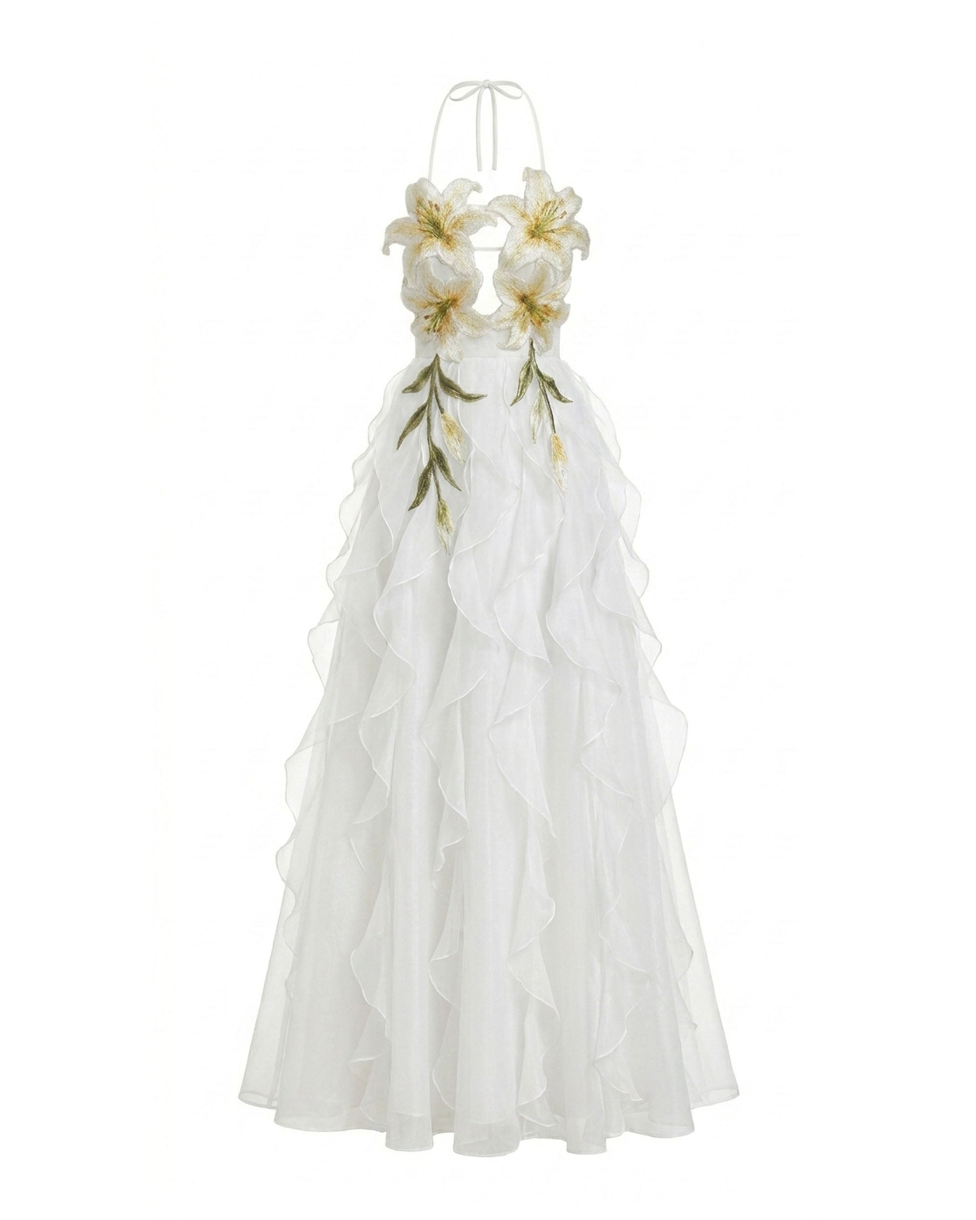 Robe longue à étages, dos nu, brodée de lys - Blanc