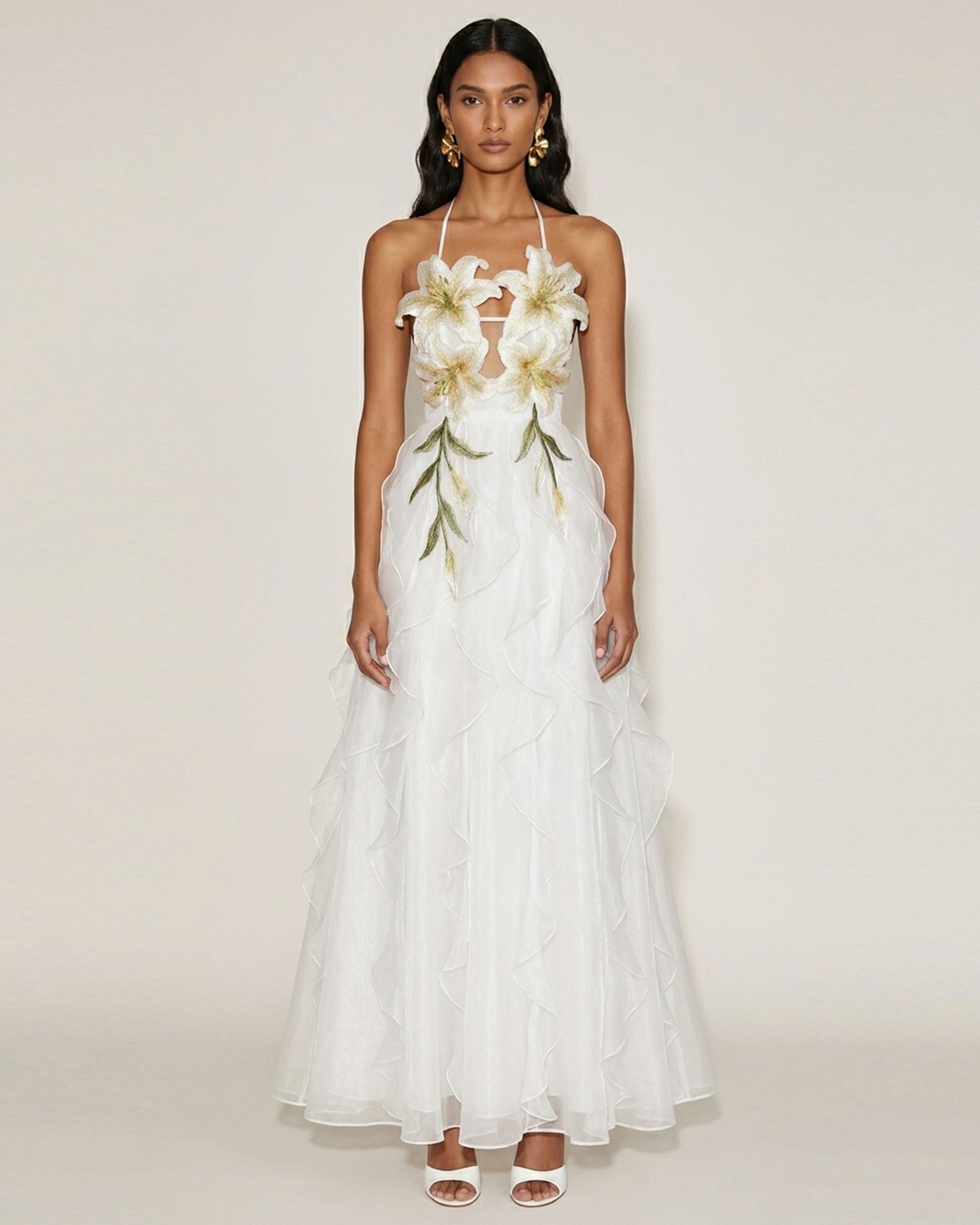 Robe longue à étages, dos nu, brodée de lys - Blanc