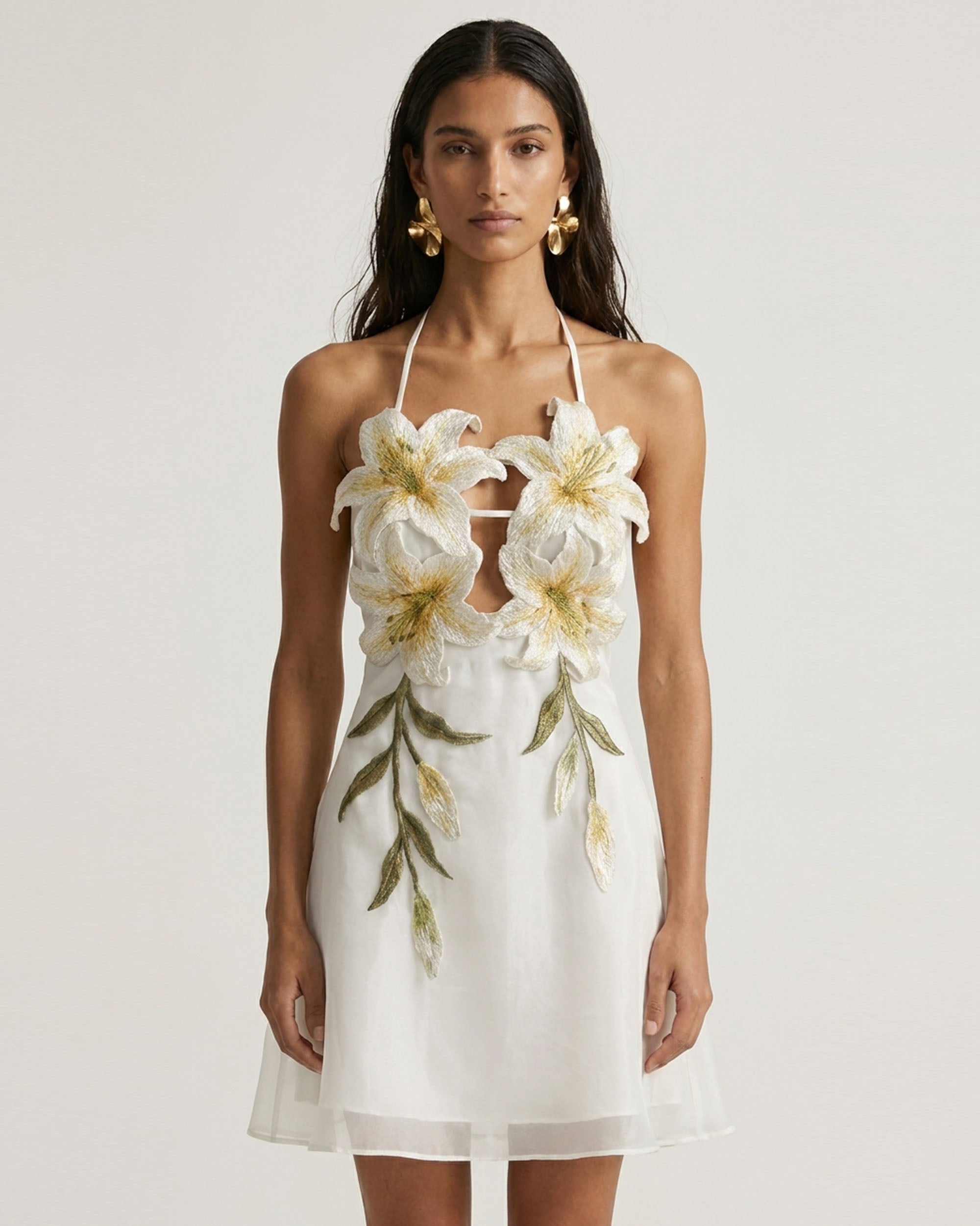 Robe courte dos nu brodée de lys - Blanc