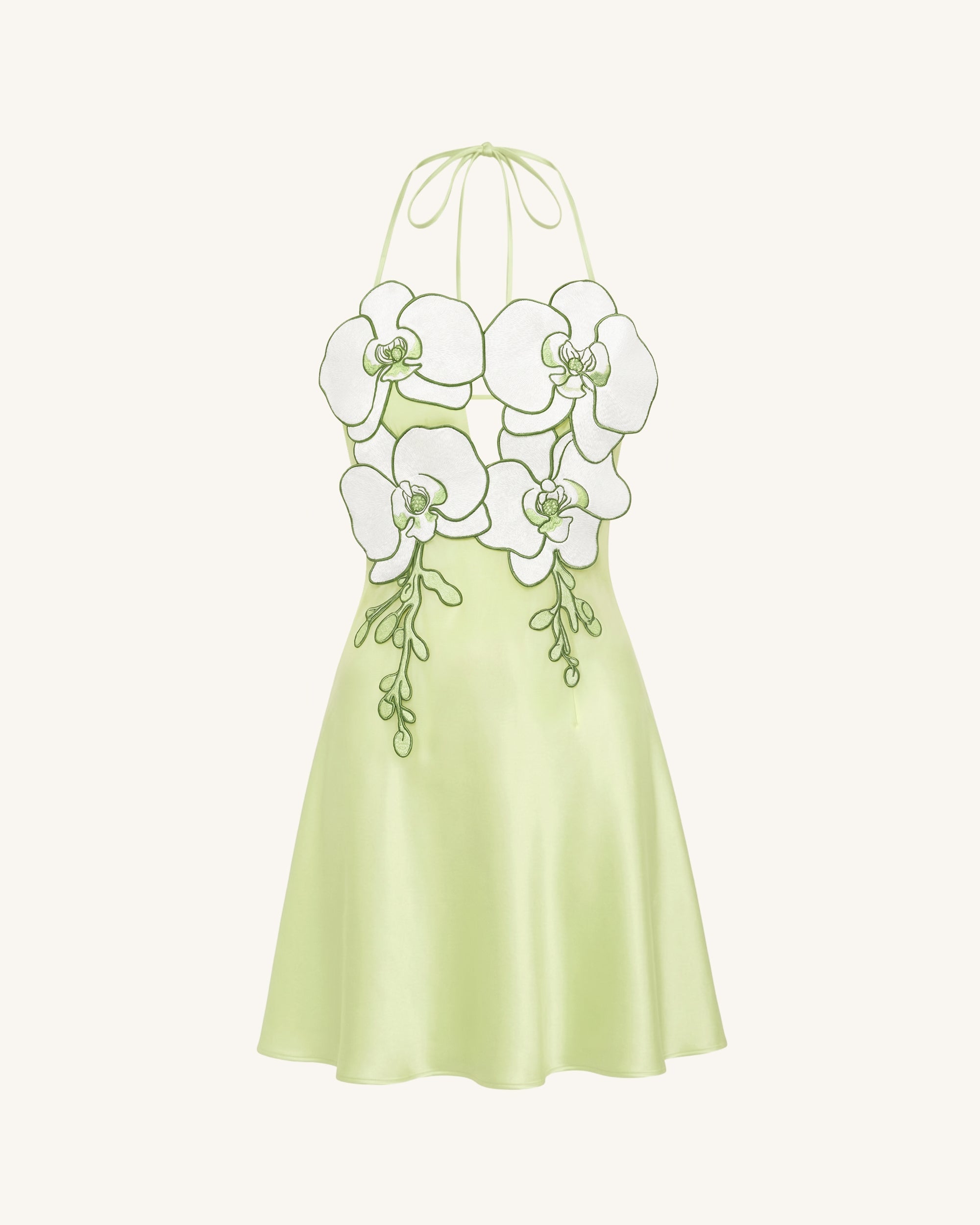 Mini-robe dos nu à broderies orchidées - Vert clair