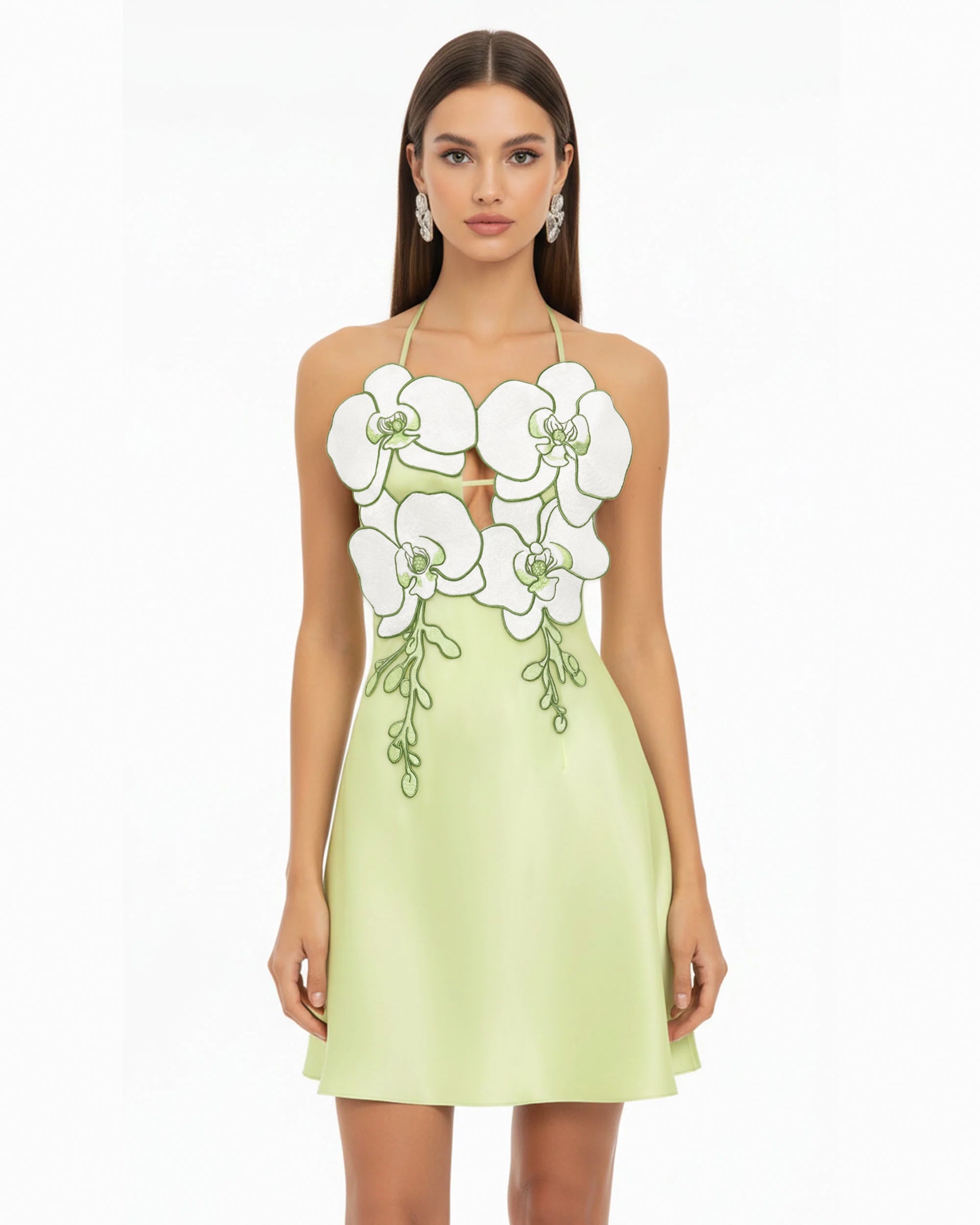 Mini-robe dos nu à broderies orchidées - Vert clair