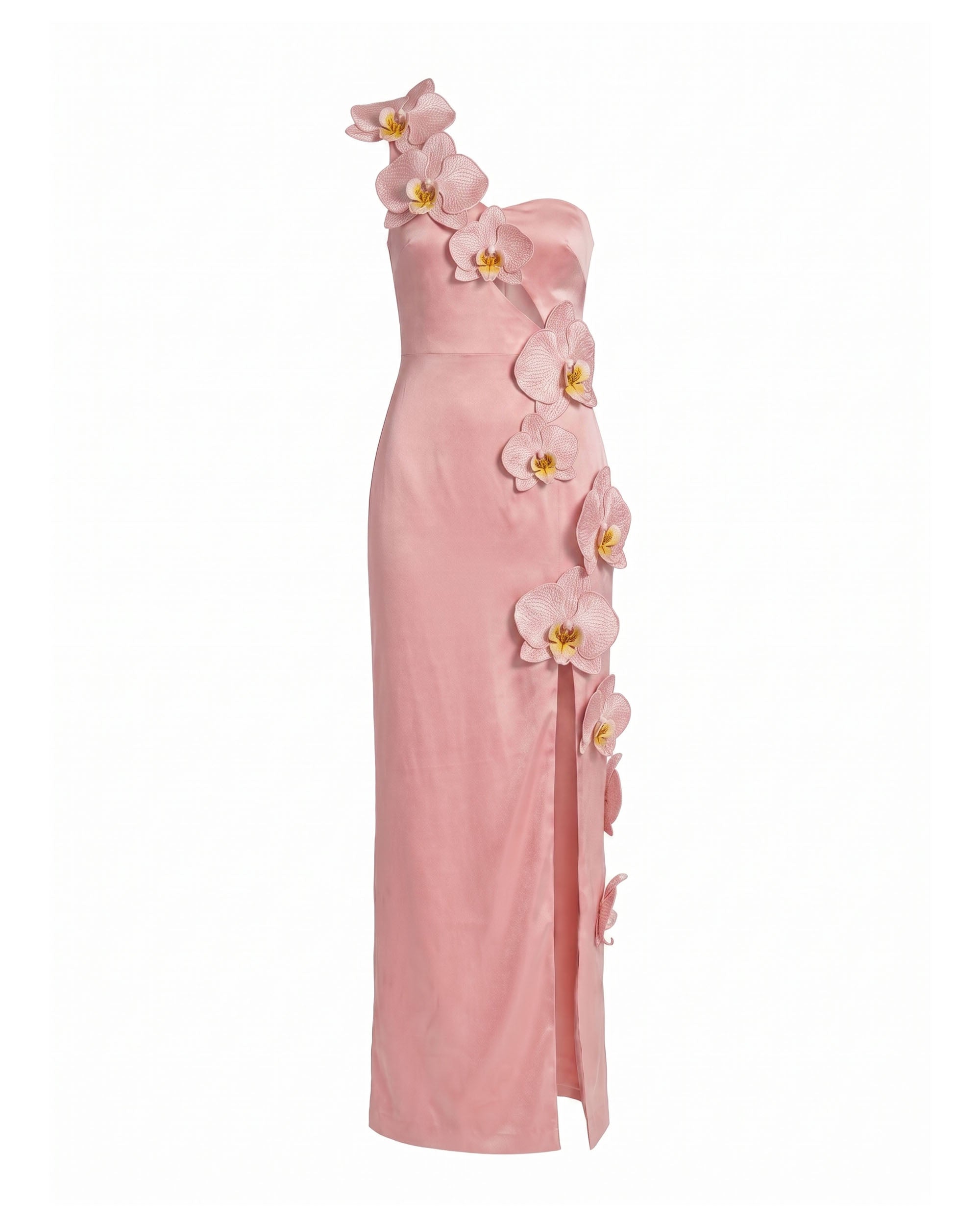 Robe longue fendue à découpes et ornements orchidées - Rose poudré