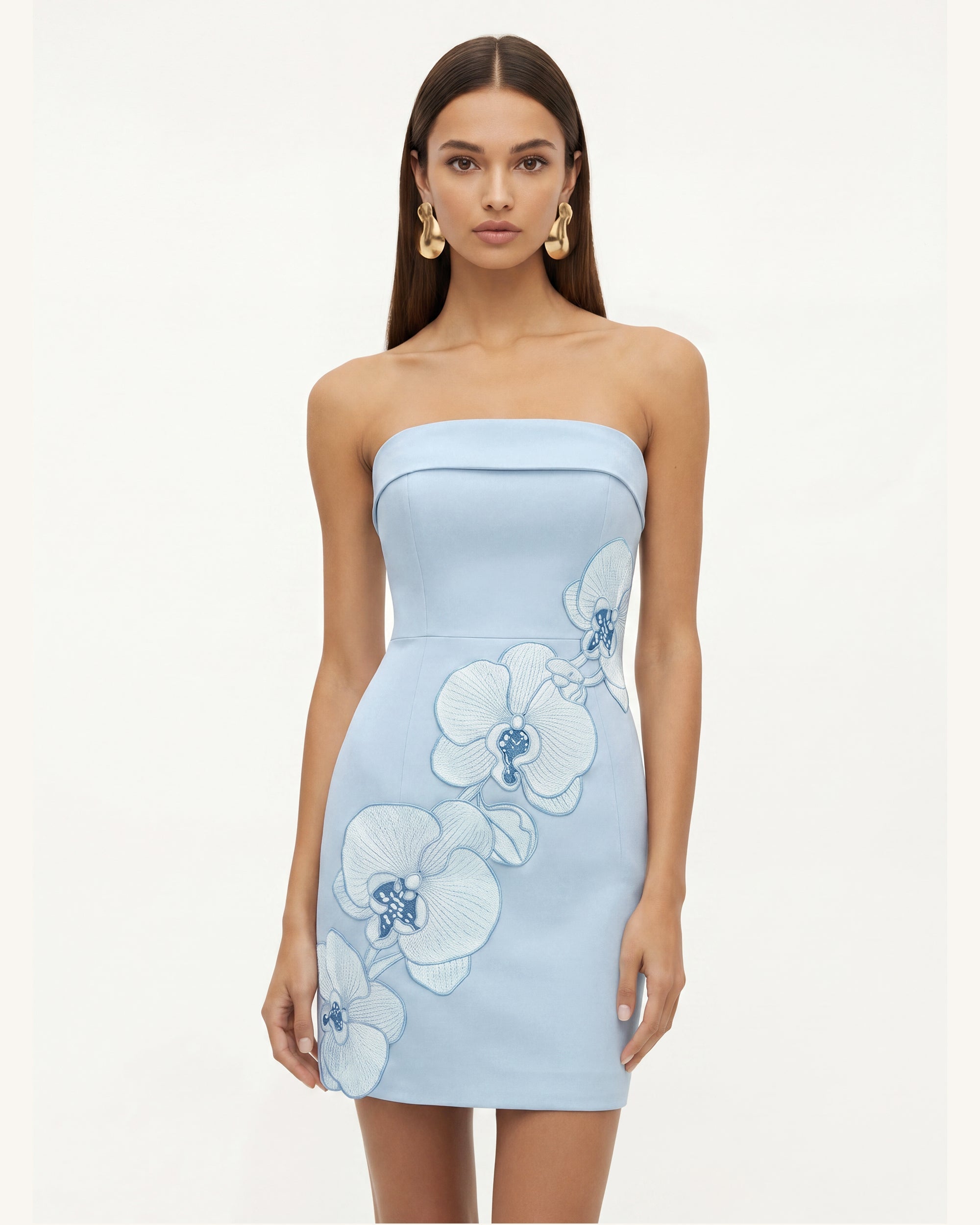 Orchid Robe Midi Droite Bandeau Broderie - Bleu Clair