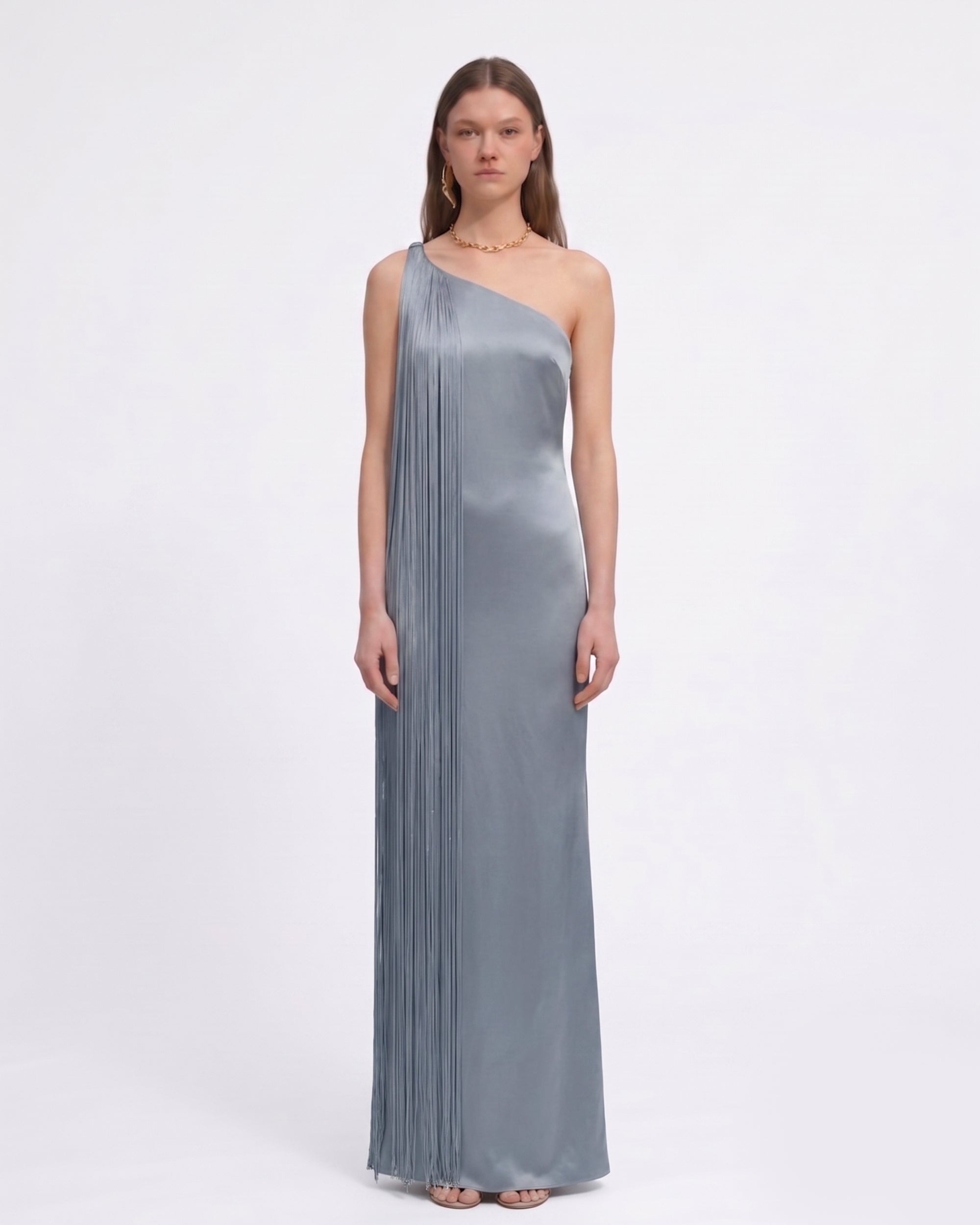 Robe longue asymétrique à franges - Bleu brume