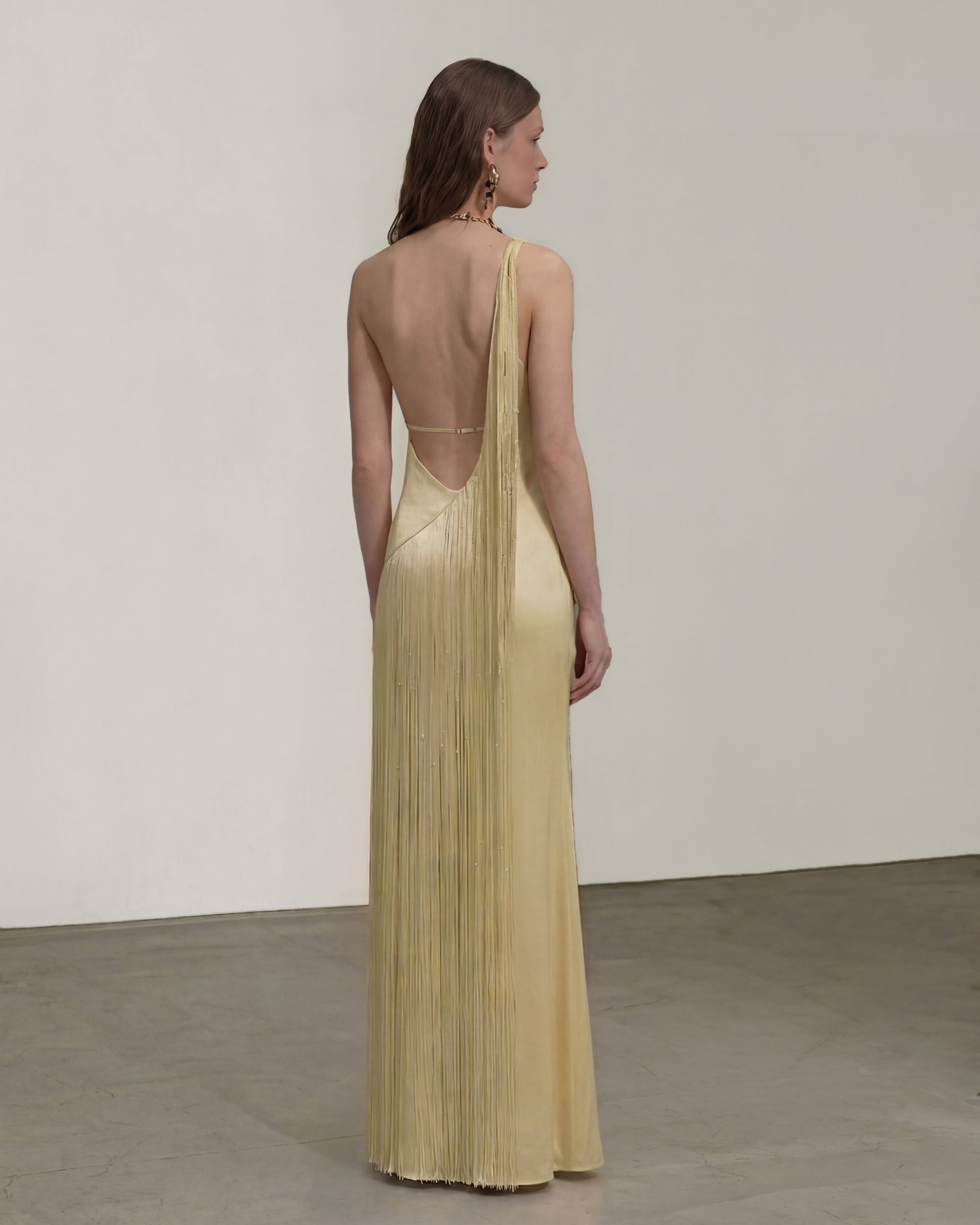 Robe longue asymétrique à franges - Champagne