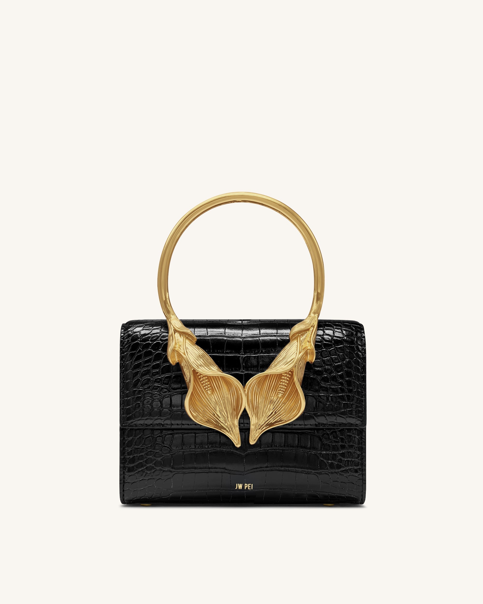 Sac à main supérieur avec poignée en métal et fleur de lys calla Astrid - Croco noir