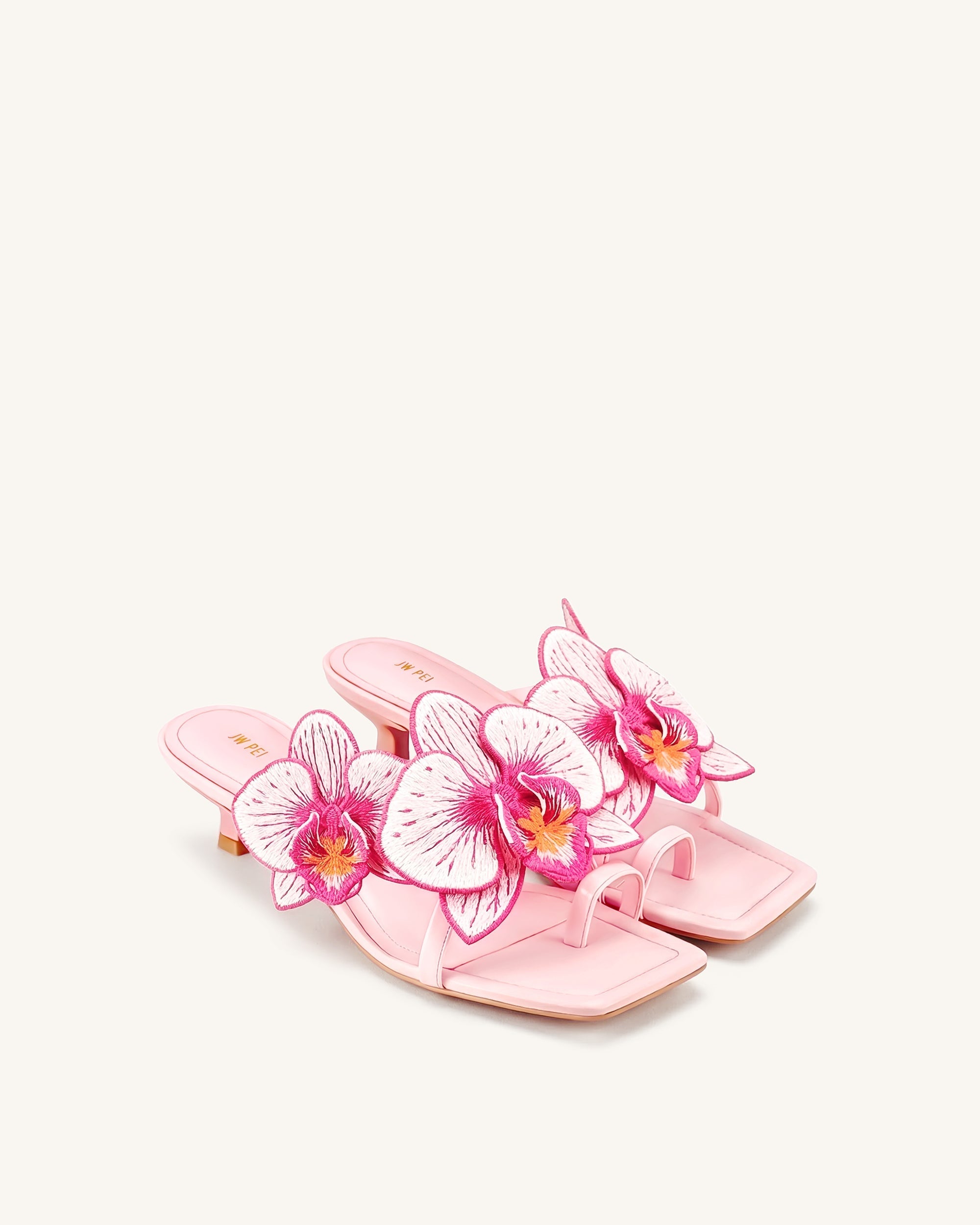 Serena Sandales à talons avec bague d'orteil et broderie d'orchidée - Rose bébé