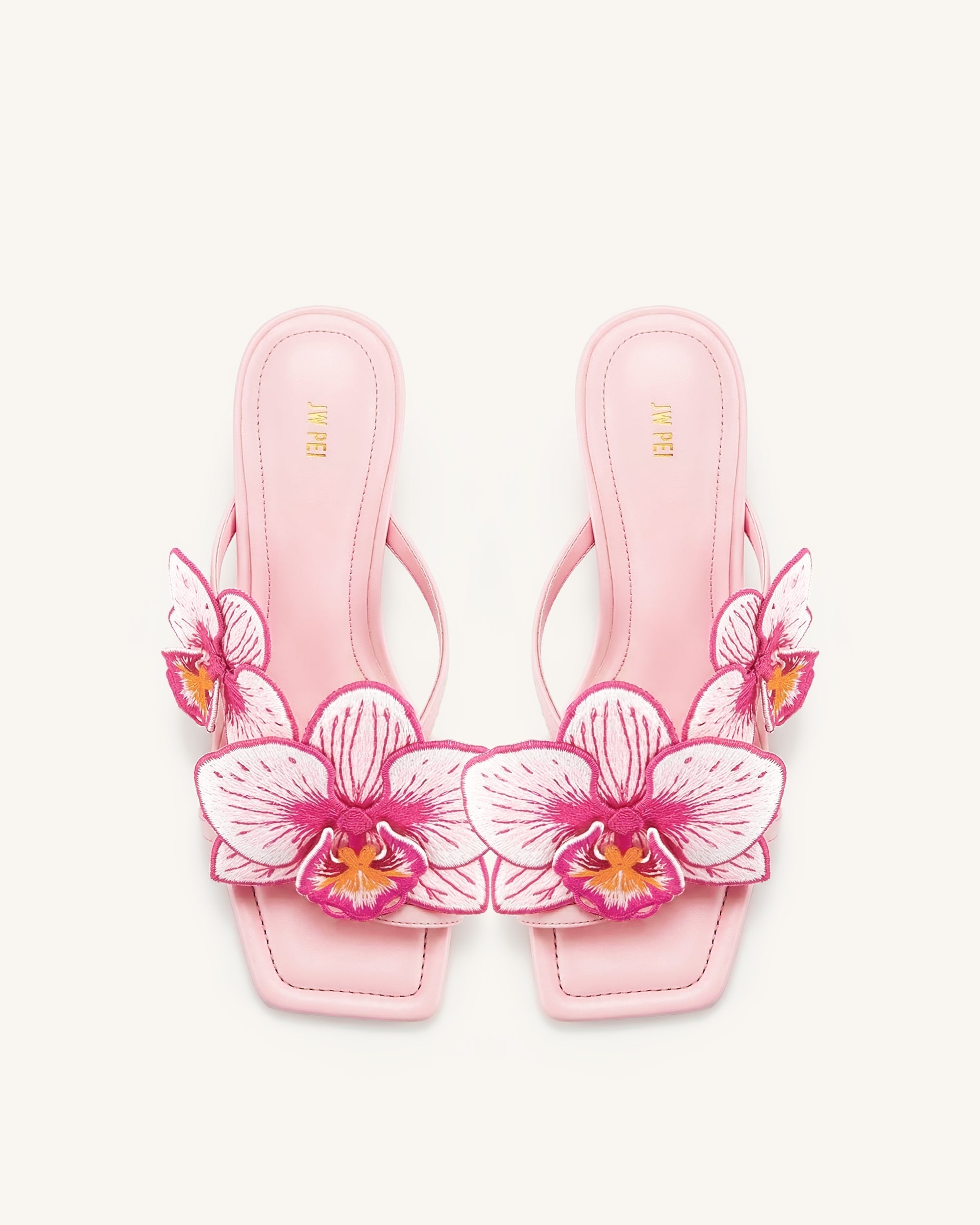 Serena Sandales à talons avec bague d'orteil et broderie d'orchidée - Rose bébé