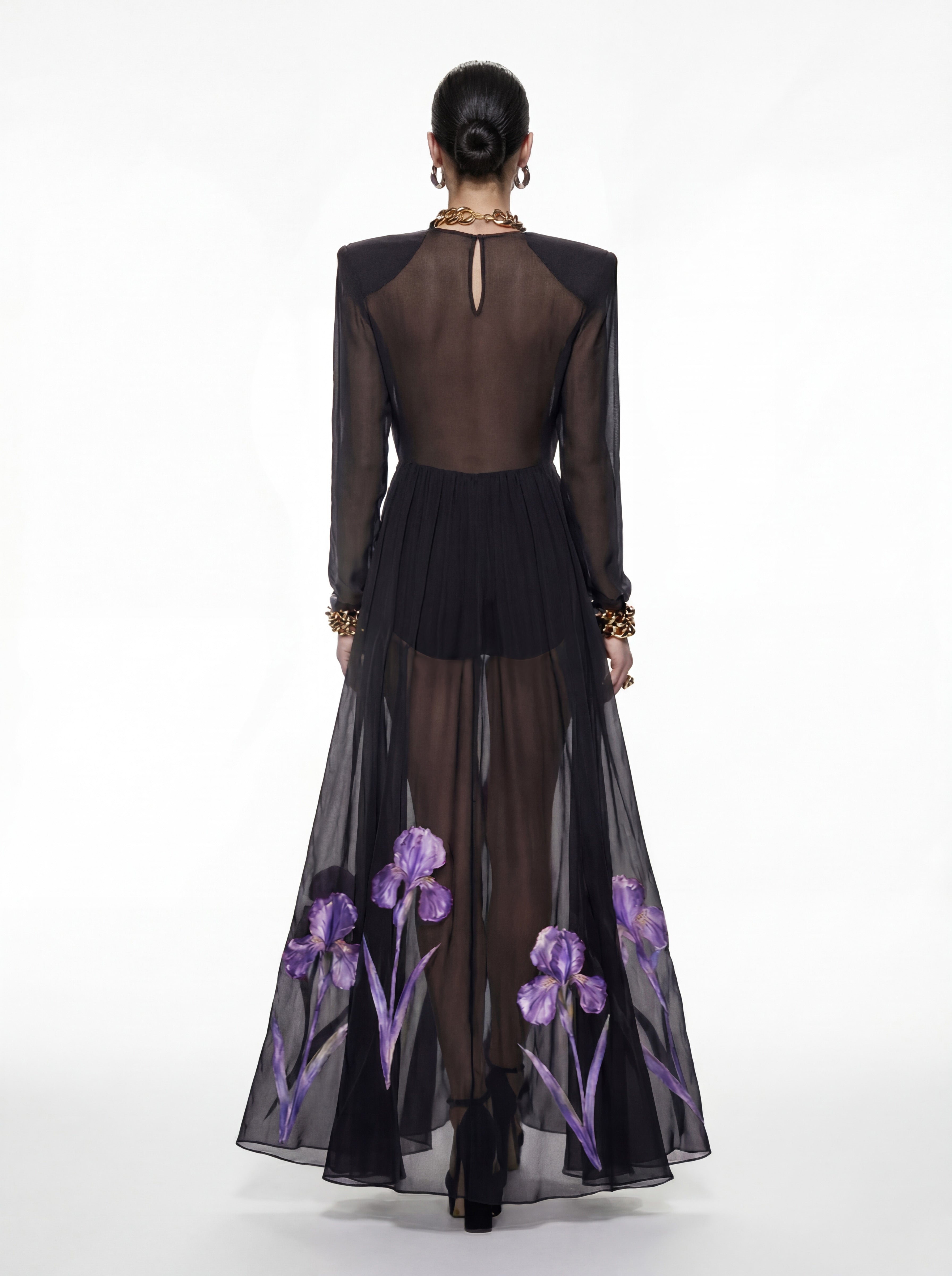 Robe longue transparente à manches longues et imprimé floral Iris - Noir/Violet