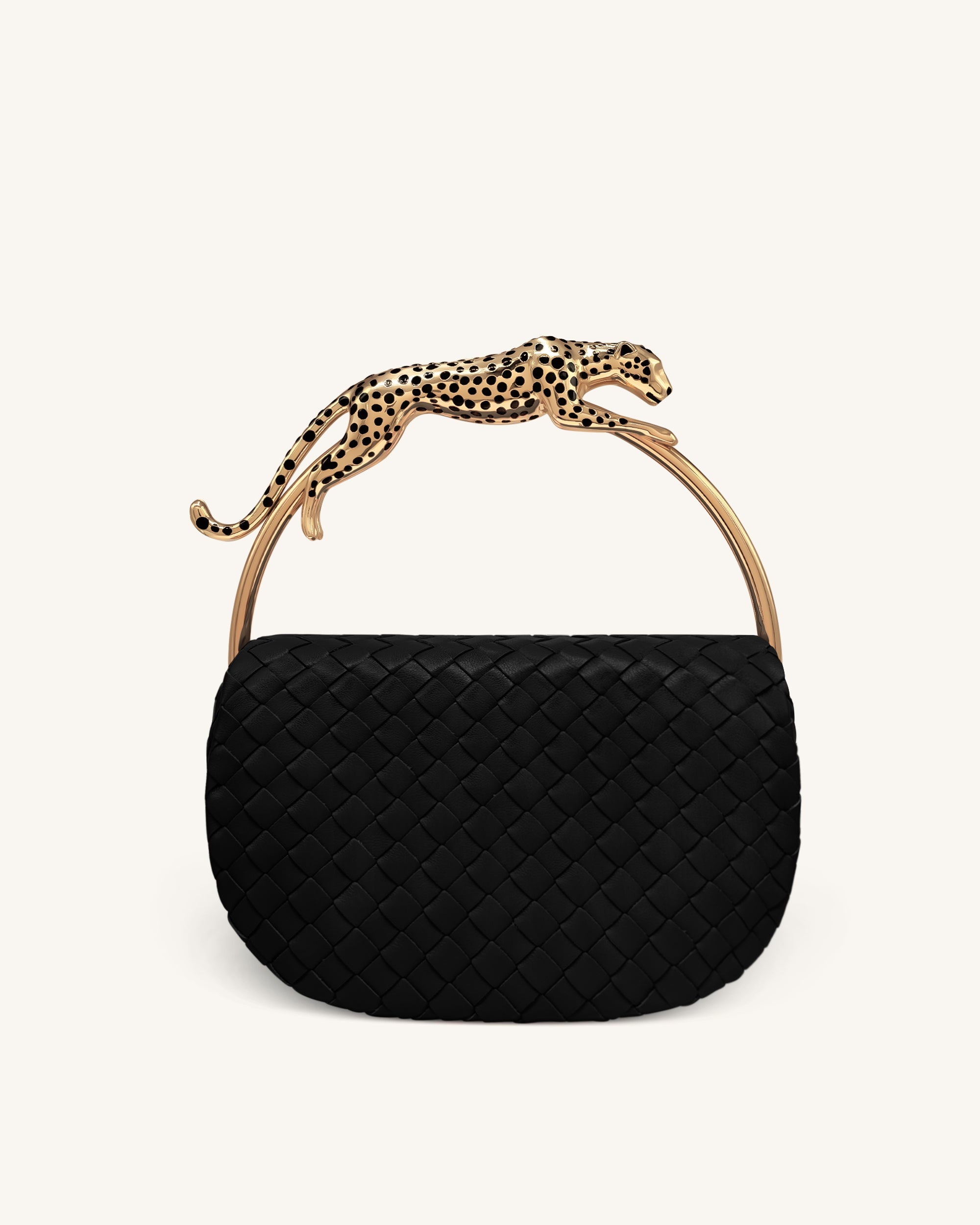 Ione Sac à poignée supérieure tissé avec anse en métal en forme de léopard - Noir