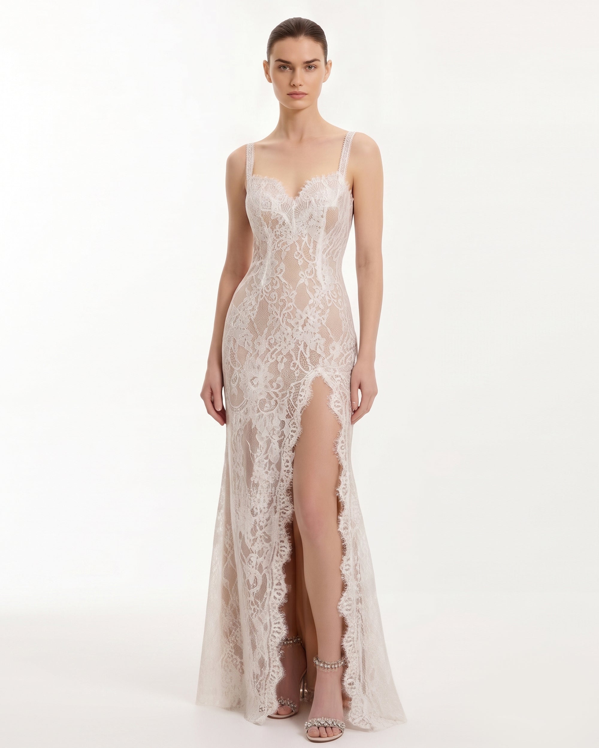 Robe Maxi en Dentelle à Fente - Blanc
