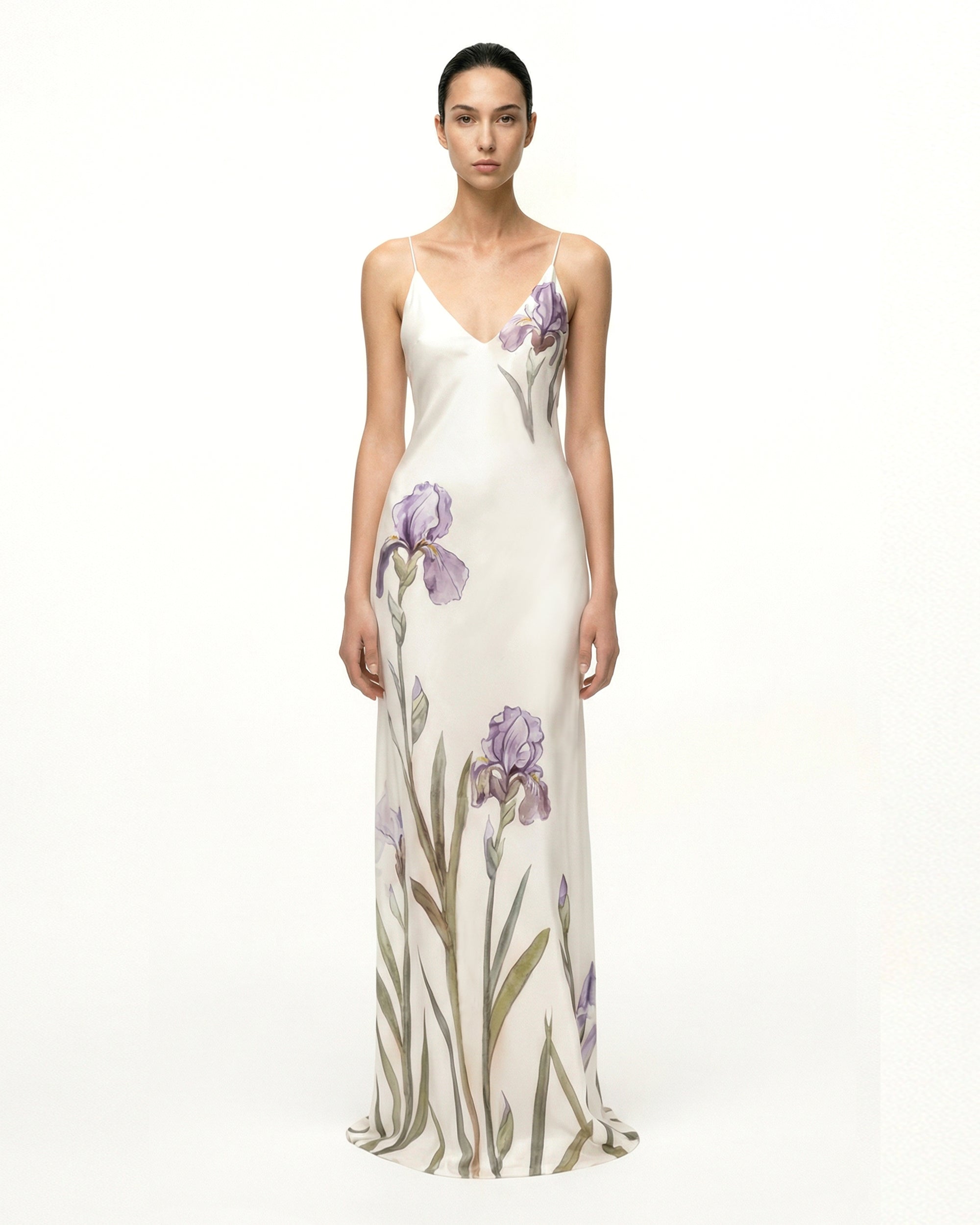 Robe-nuisette longue en satin à motif Iris - Blanc