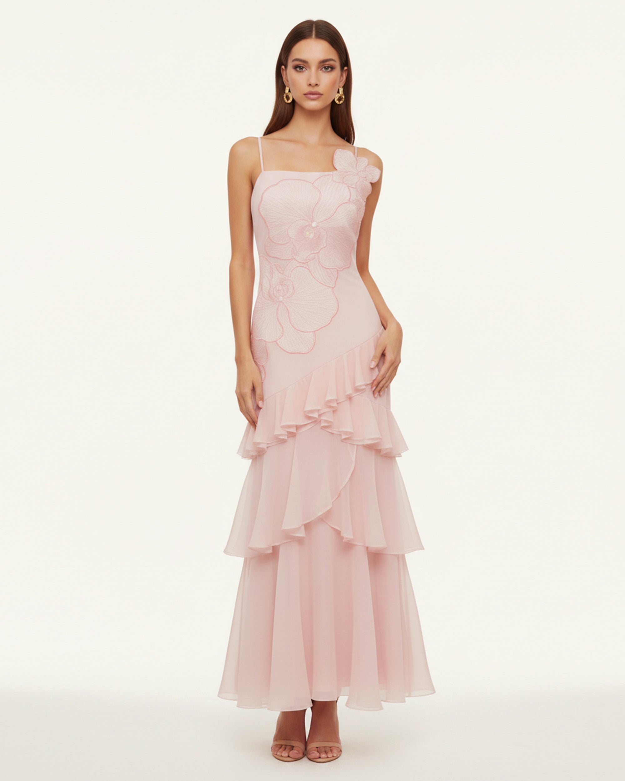 Robe longue asymétrique à volants brodée d'orchidées - Rose poudré