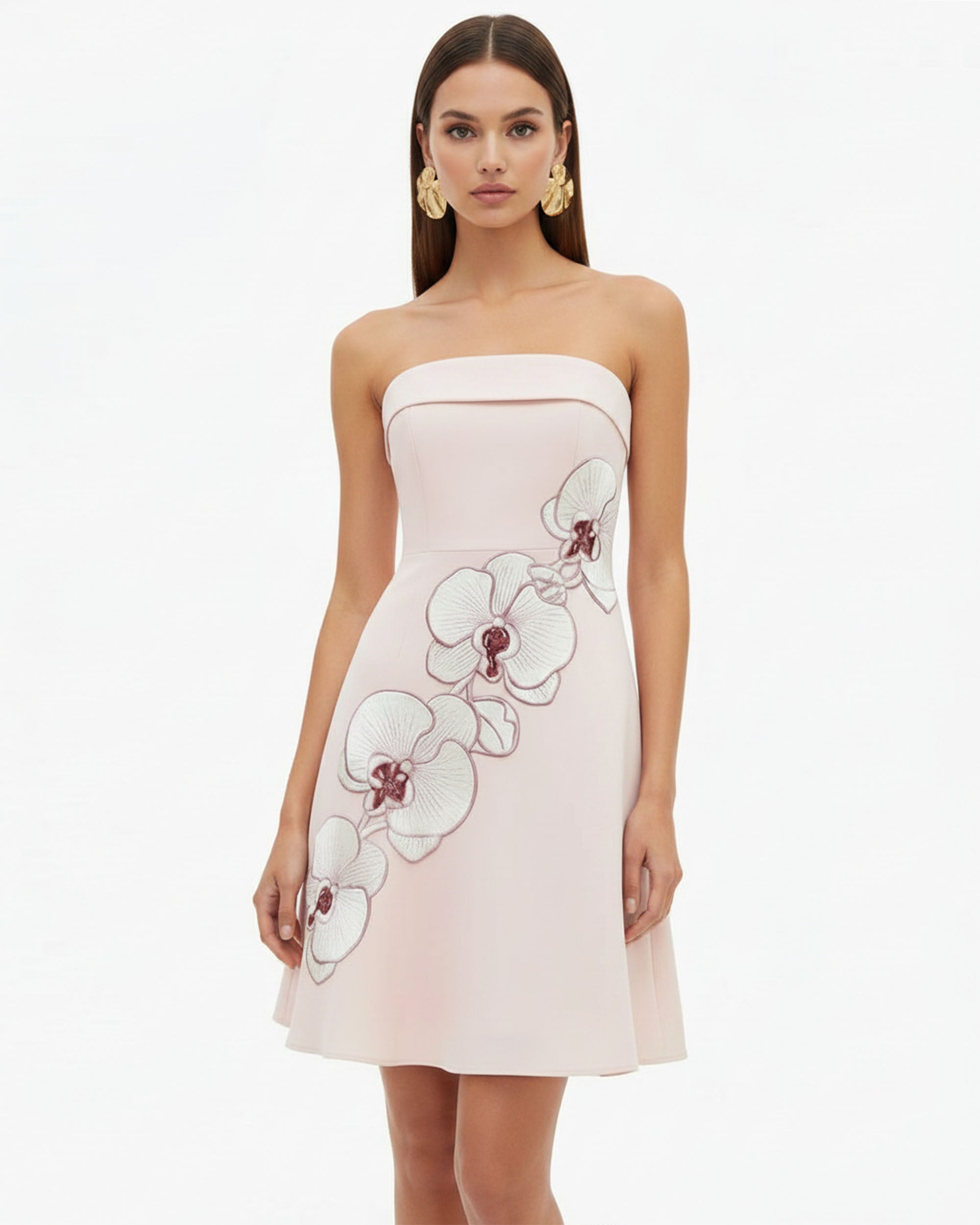 Orchid Robe Midi Patineuse Bandeau Broderie - Rose Blush