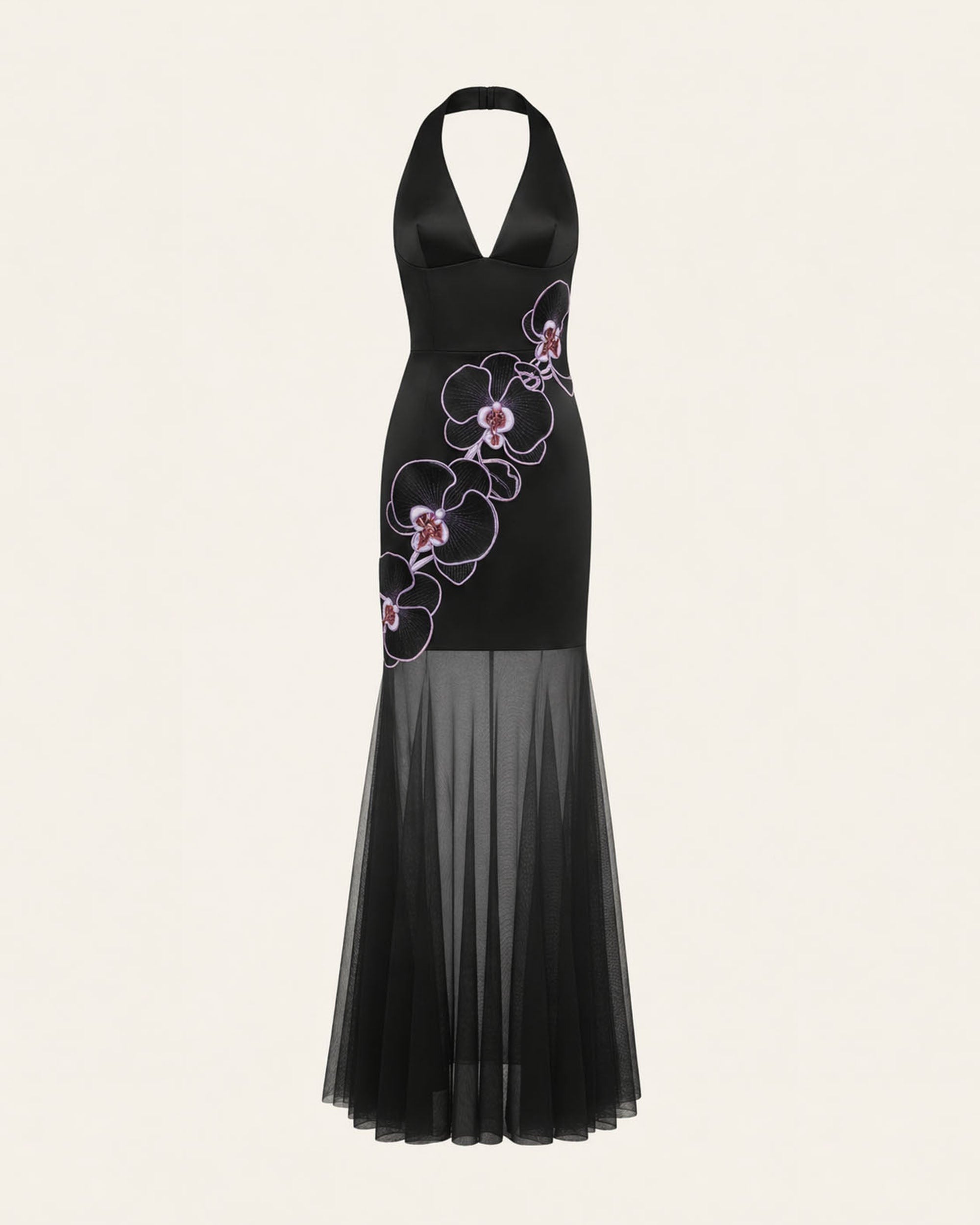 Orchid Robe Longue Plissée Broderie Bords Effilochés Dos Nu - Noir Violet